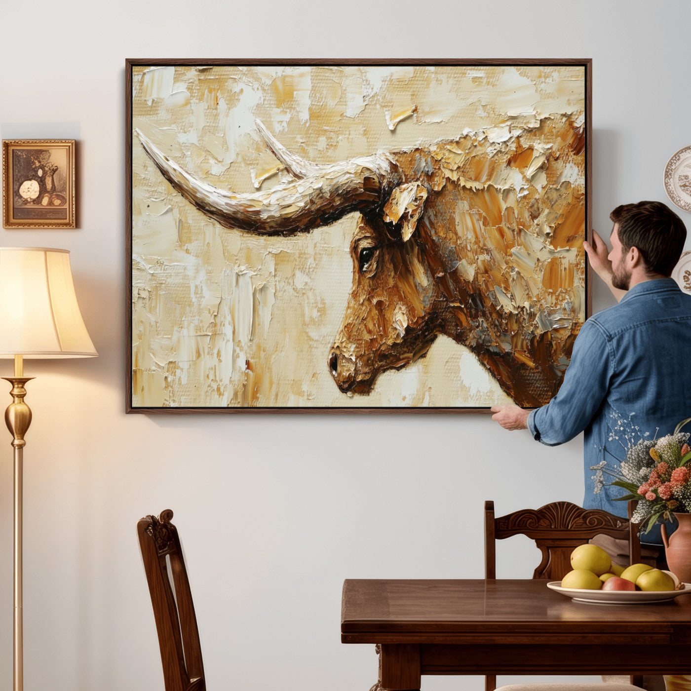 69611428-MGV-CV-36X24 - Rustic Longhorn Bull Wall Art Canvas Print – Vintage Western Cattle Painting, Texas Abstract Wall Cow Prints