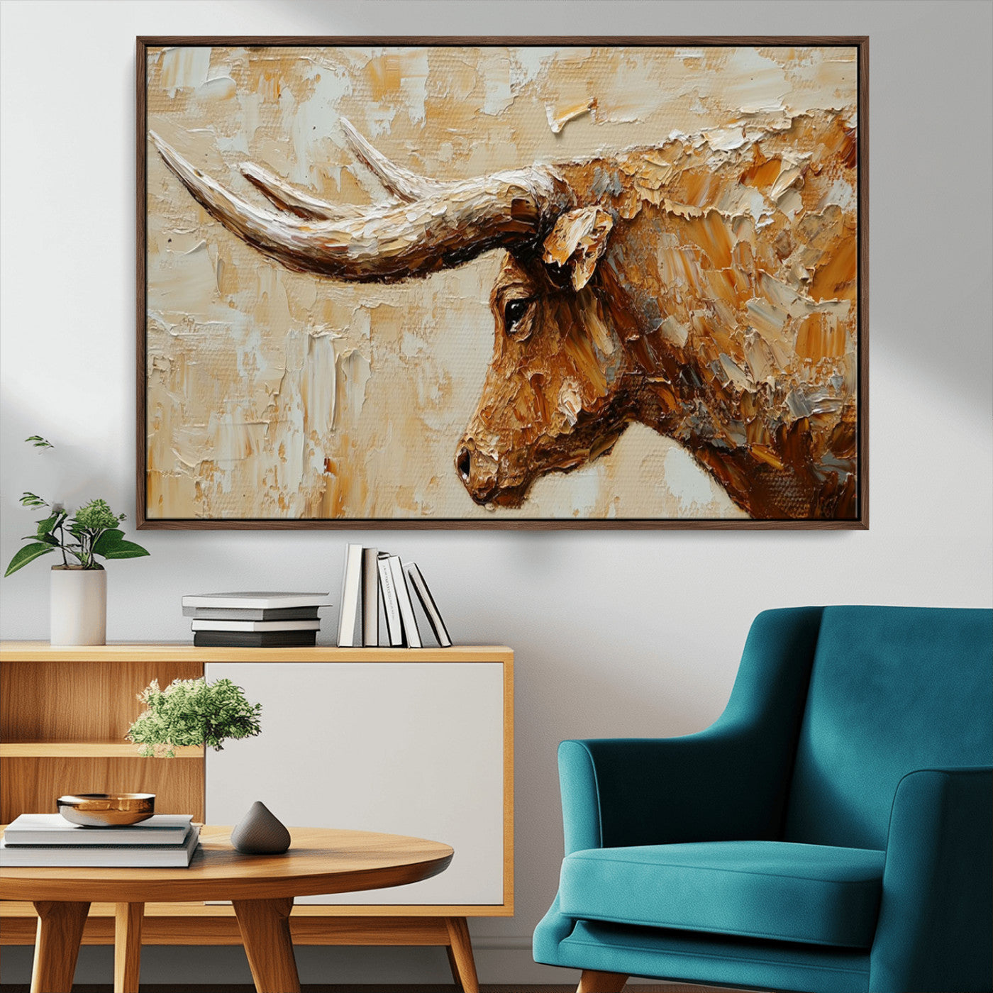 Rustic Longhorn Bull Wall Art Canvas Print – Vintage Western Cattle Painting, Texas Steer Artwork for Ranch, Farmhouse or Cowboy Decor