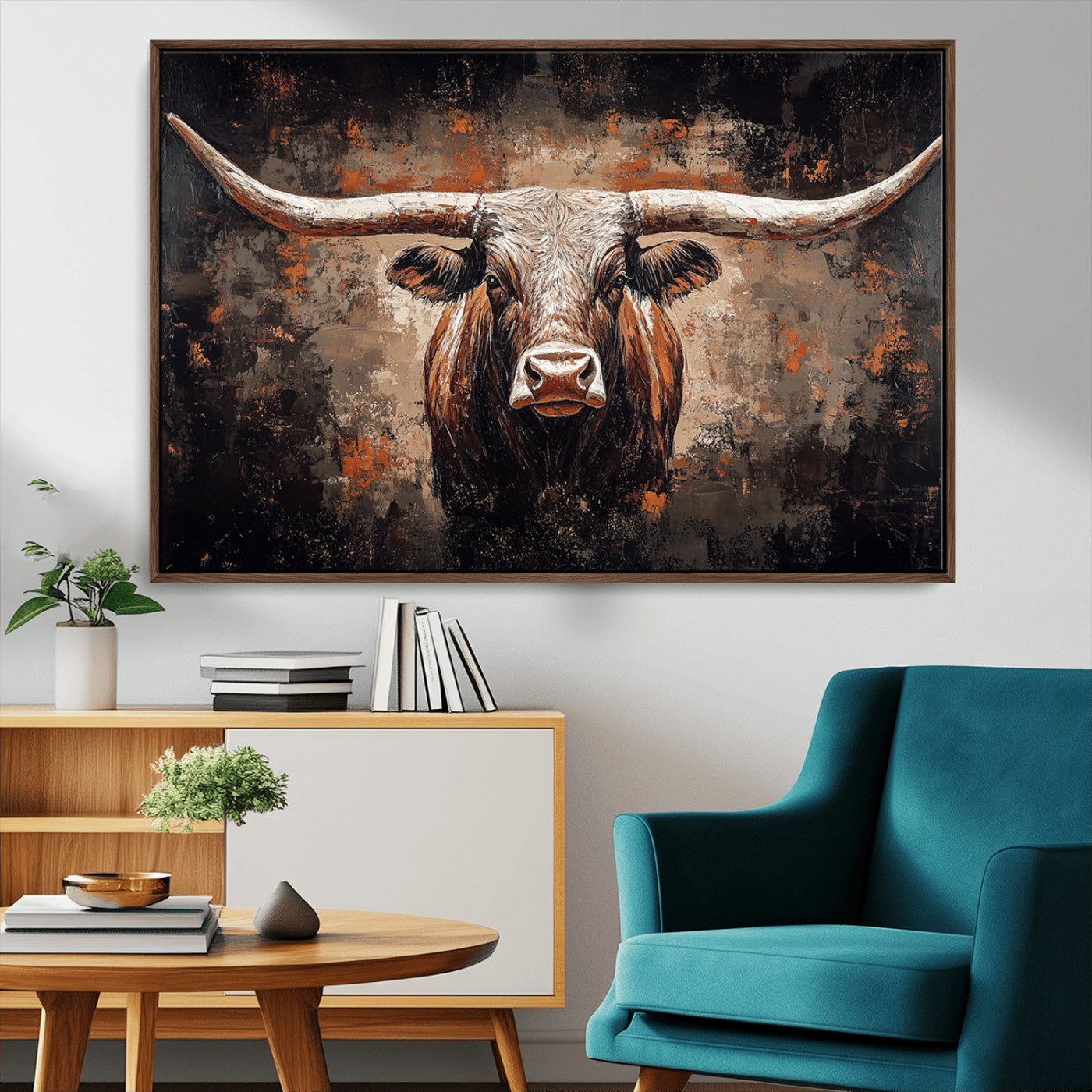 24779067-MGV-FC-36X24_Walnut-Rustic Longhorn Bull Wall Art Canvas Print – Vintage Western Cattle Painting, Texas Steer Artwork for Ranch, Farmhouse or Cowboy Decor