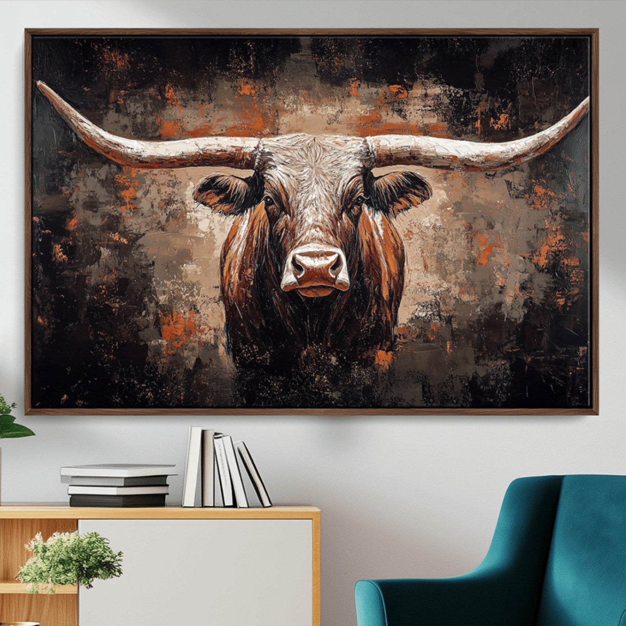 24779067-MGV-CV-36X24-Rustic Longhorn Bull Wall Art Canvas Print – Vintage Western Cattle Scene, Texas Steer Artwork for Home, Office