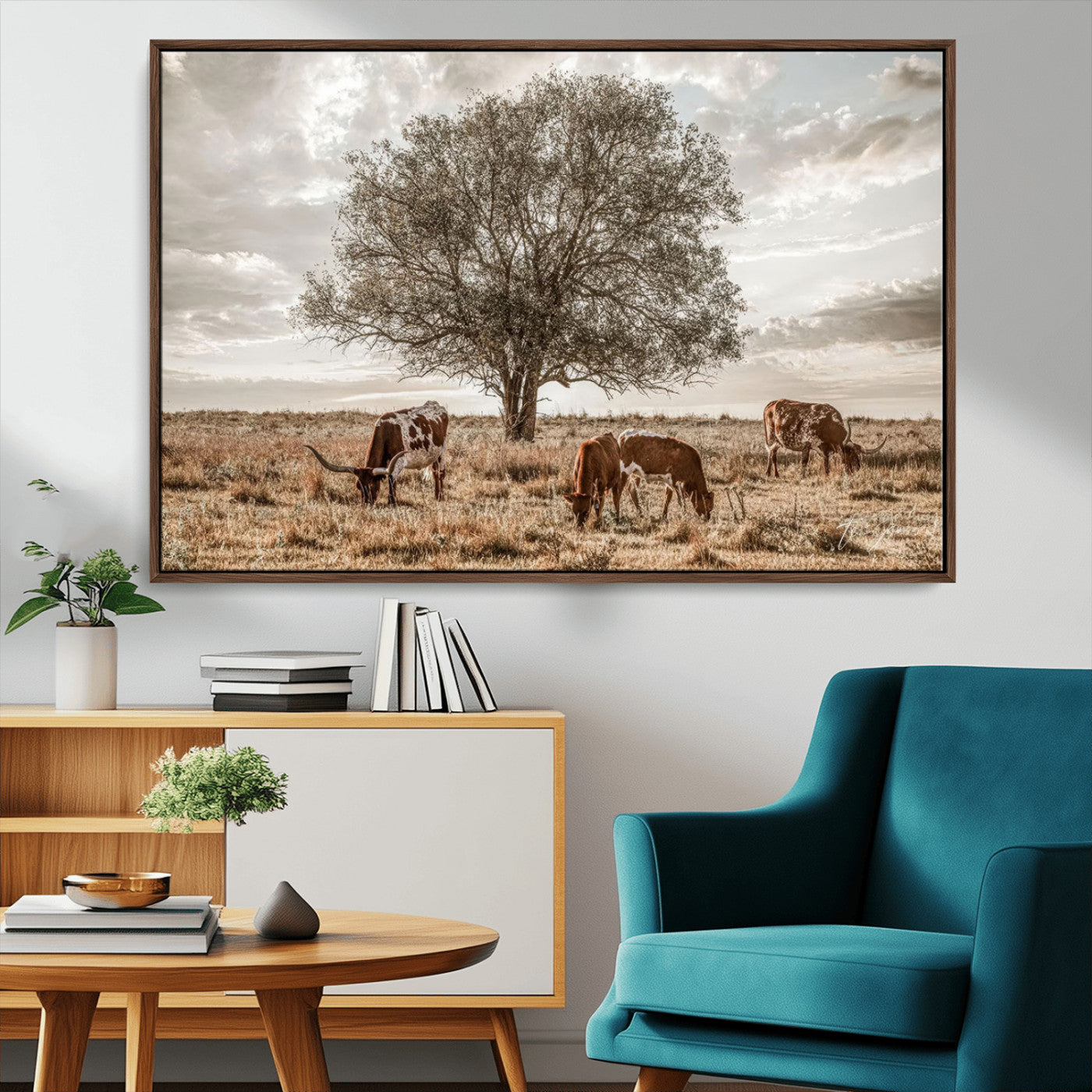 Texas Longhorn Cattle Wall Art Canvas Print – Rustic Western Ranch Scene with Steers at Sunset, Perfect for Farmhouse or Cowboy Decor