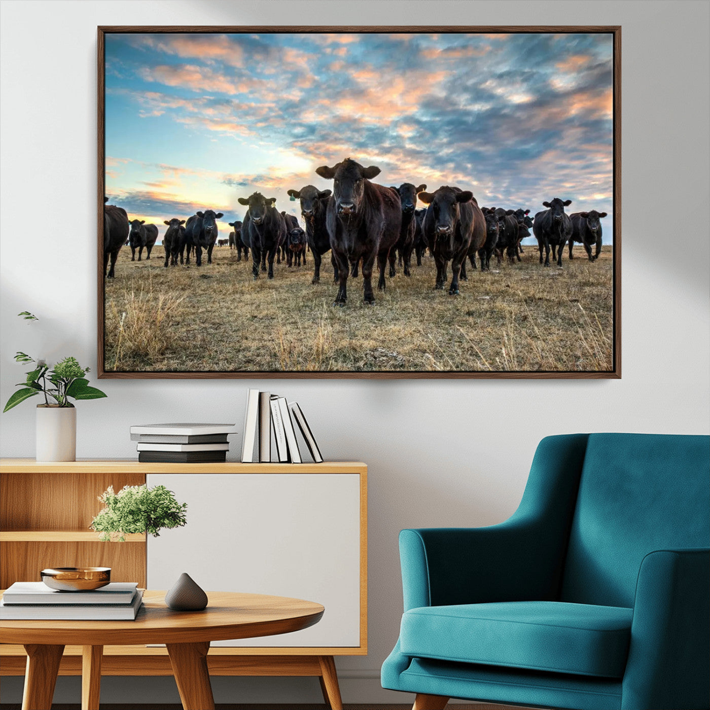 13867292-MGV-FC-36X24_Walnut-Texas Longhorn Cattle Wall Art Canvas Print – Rustic Western Ranch Scene with Steers at Sunset, Perfect for Farmhouse or Cowboy Decor