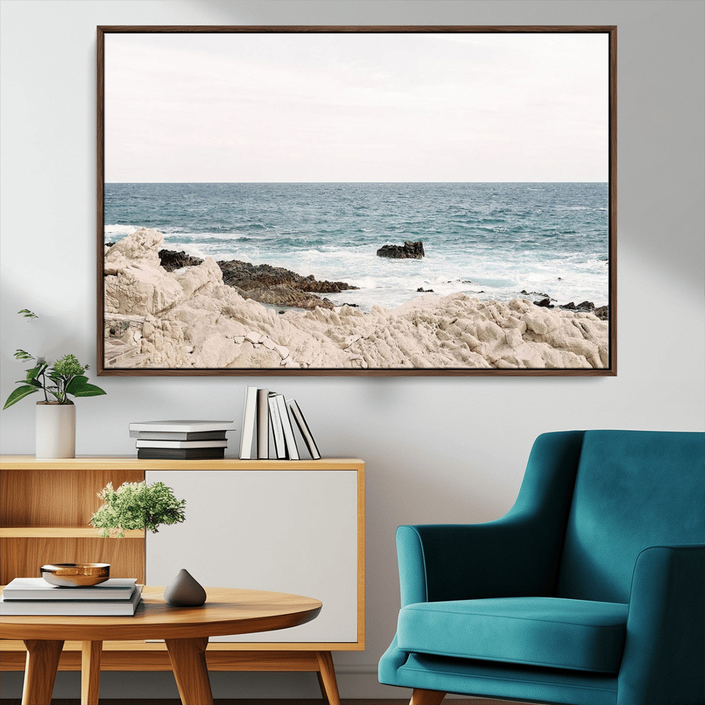 Coastal Ocean View Wall Art Canvas Print – Serene Rocky Shoreline and Blue Sea Photography for Coastal Chic or Minimalist Home Decor