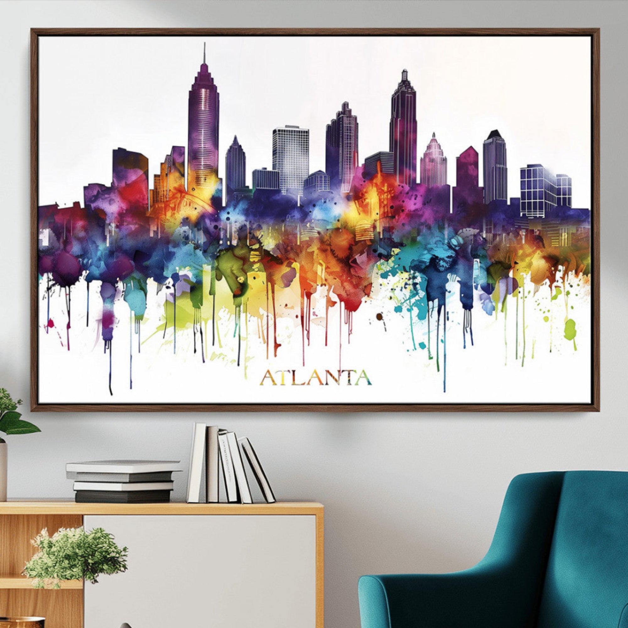 36048320-MGV-CV-36X24-Atlanta Skyline Wall Art Canvas Print – Framed Colorful Watercolor Cityscape Abstract Urban Artwork for Home, Office