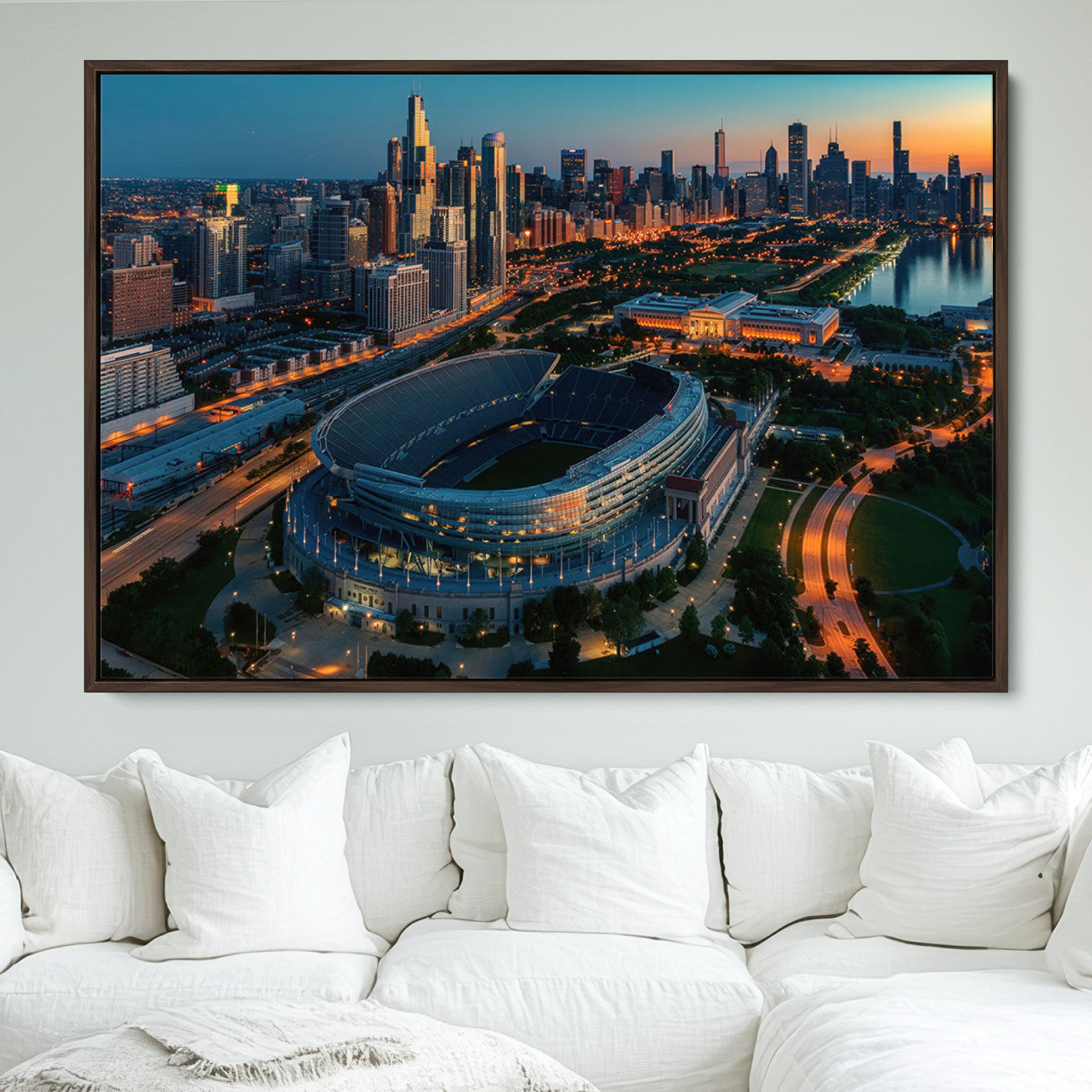 36690345-MGV-FC-36X24_Walnut-Chicago Bears Soldiers Field Wall Art Canvas Print – Framed Football Stadium Artwork for Sports Fans, Soldier Field Skyline Canvas Decor for Game Room or Man Cave