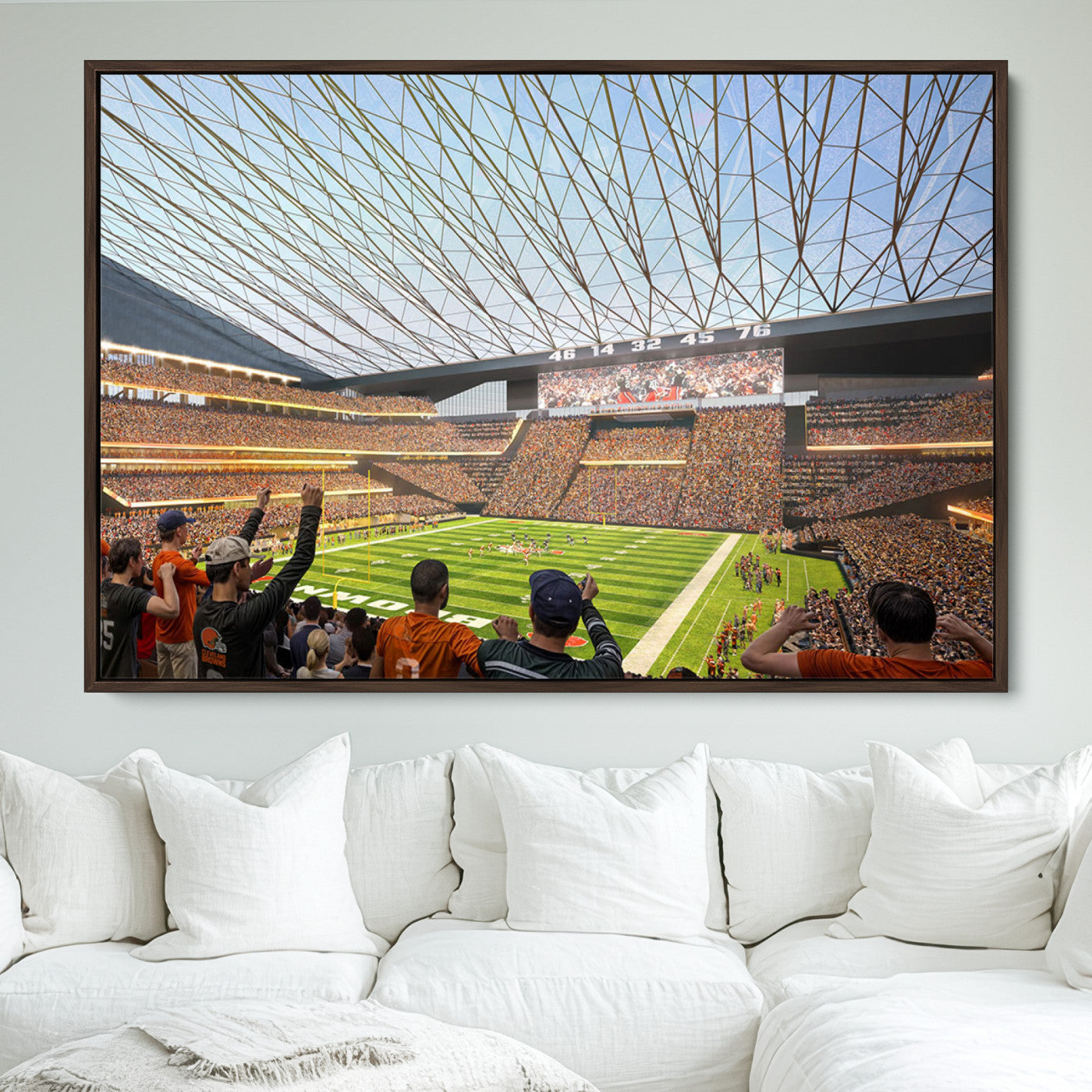 81960112-MGV-FC-36X24_Walnut-Cleveland Browns Stadium Wall Art Canvas Print – Framed Football Artwork Featuring Cleveland Skyline and Browns Stadium, Perfect for Man Cave or Game Room Decor