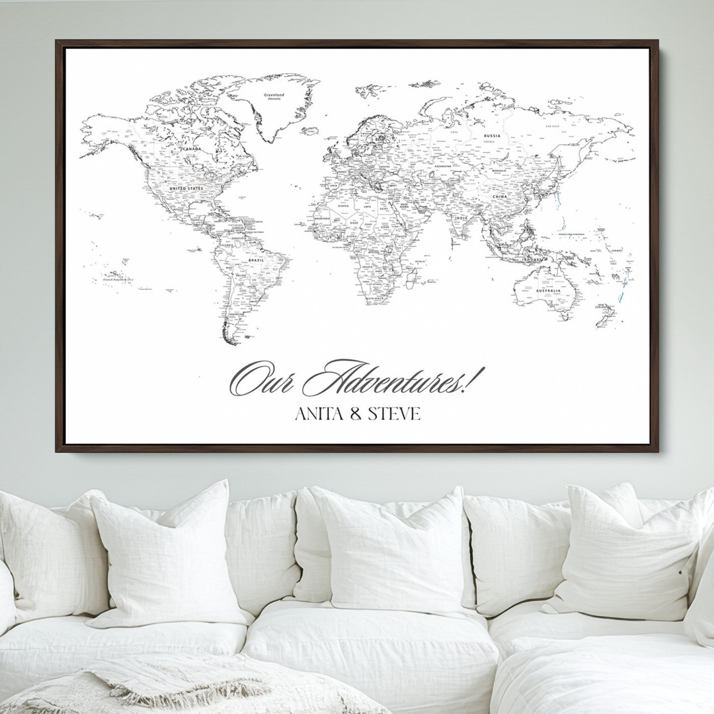 CSTM5001-MGV-FC-36X24_Walnut-Personalized Push Pin World Map Wall Art, Custom Map Canvas Print, Adventure Black White Travel Decor for Couples for Anniversaries