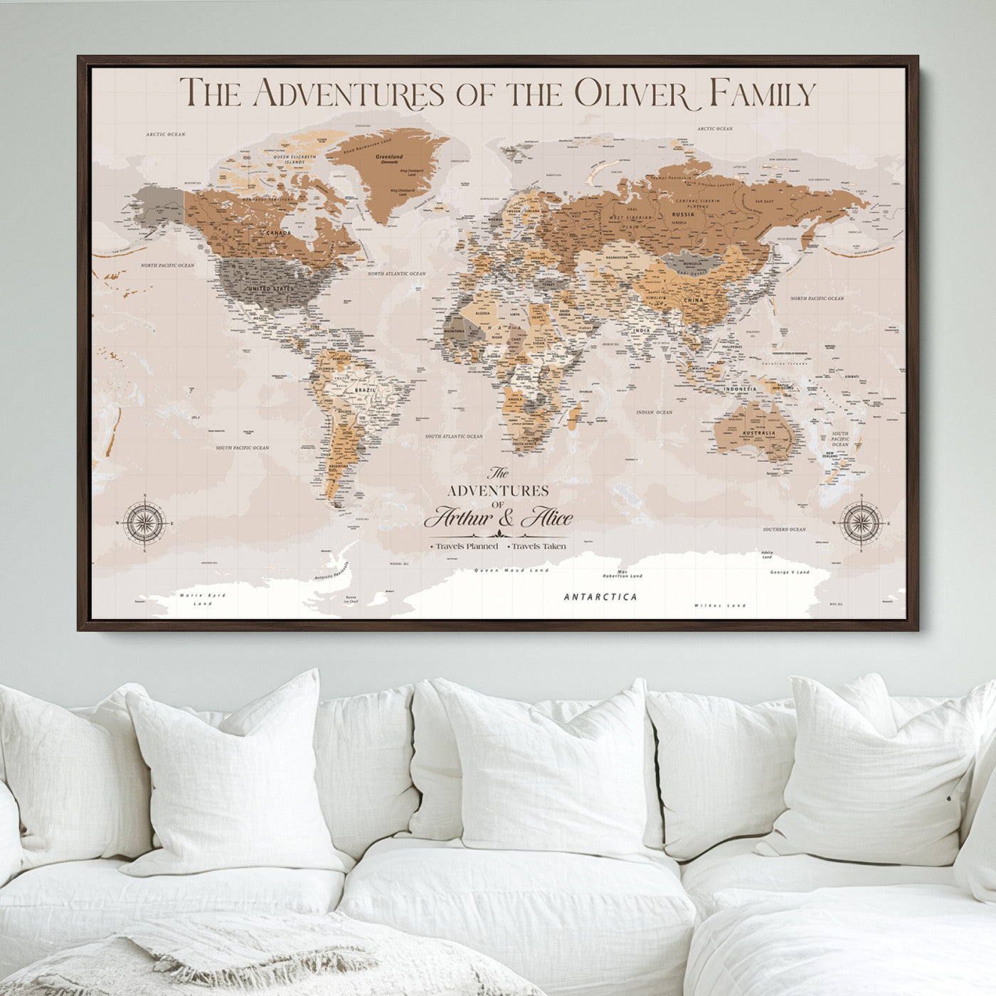 43101120-MGV-FC-36X24_Walnut-World Travel Map with Pins – Push Pin Maps of Where I've Been, Framed Wall Map for Travel Memories, Old Style Decorative World Map - H10