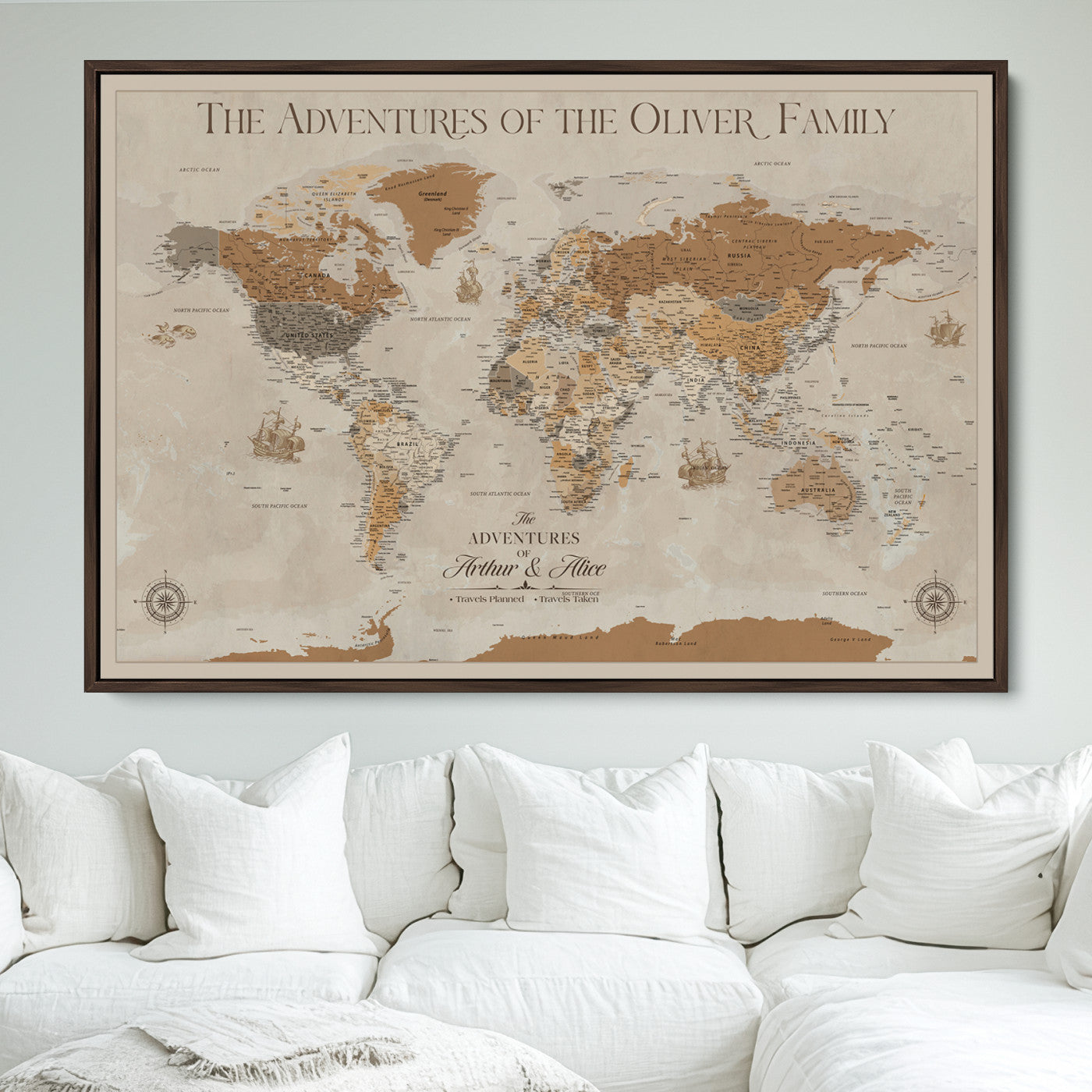 66042608-MGV-FC-36X24_Walnut-World Travel Map with Pins – Push Pin Maps of Where I've Been, Framed Wall Map for Travel Memories, Old Style Decorative World Map - H11