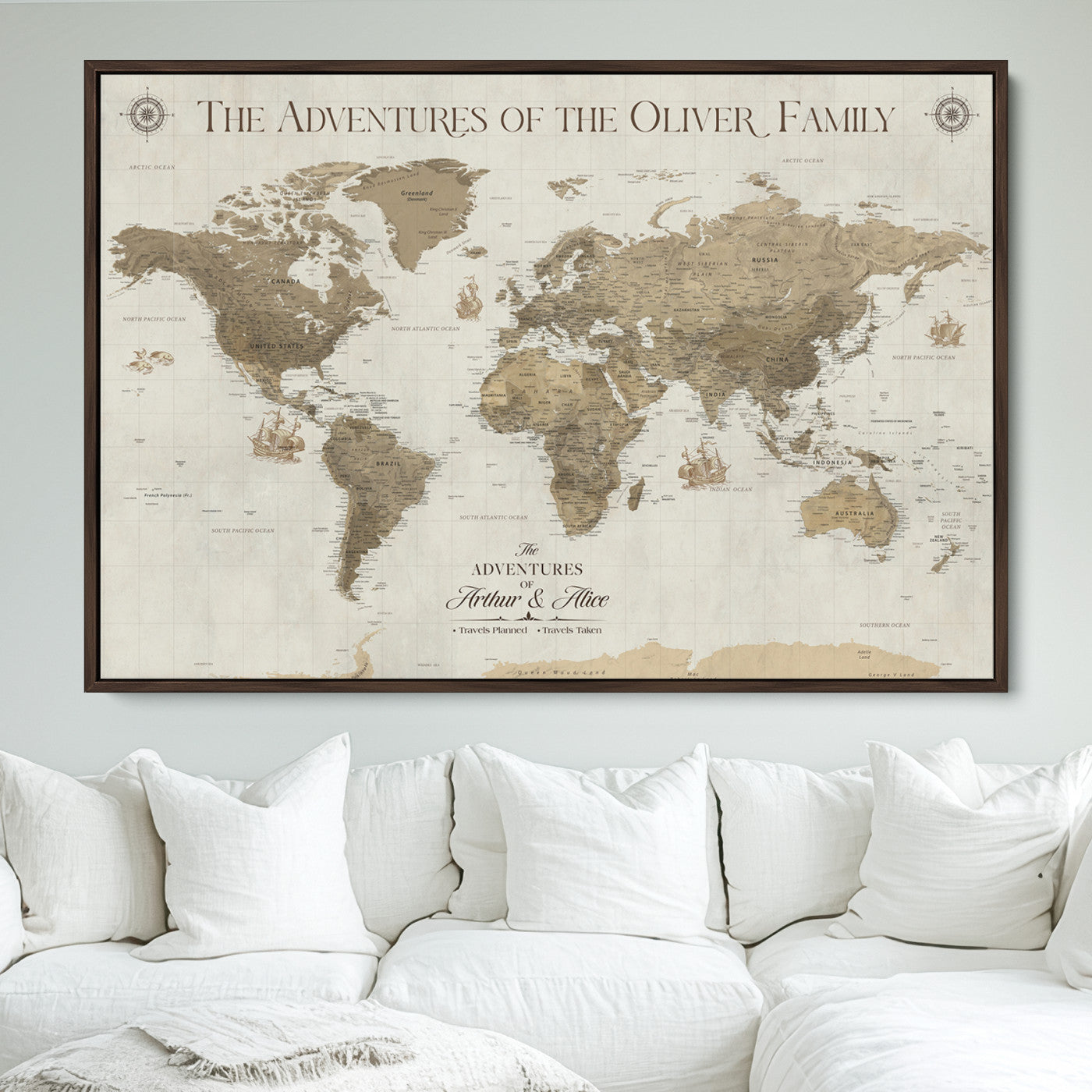 40119313-MGV-FC-36X24_Walnut-World Travel Map with Pins – Push Pin Maps of Where I've Been, Framed Wall Map for Travel Memories, Old Style Decorative World Map - H12