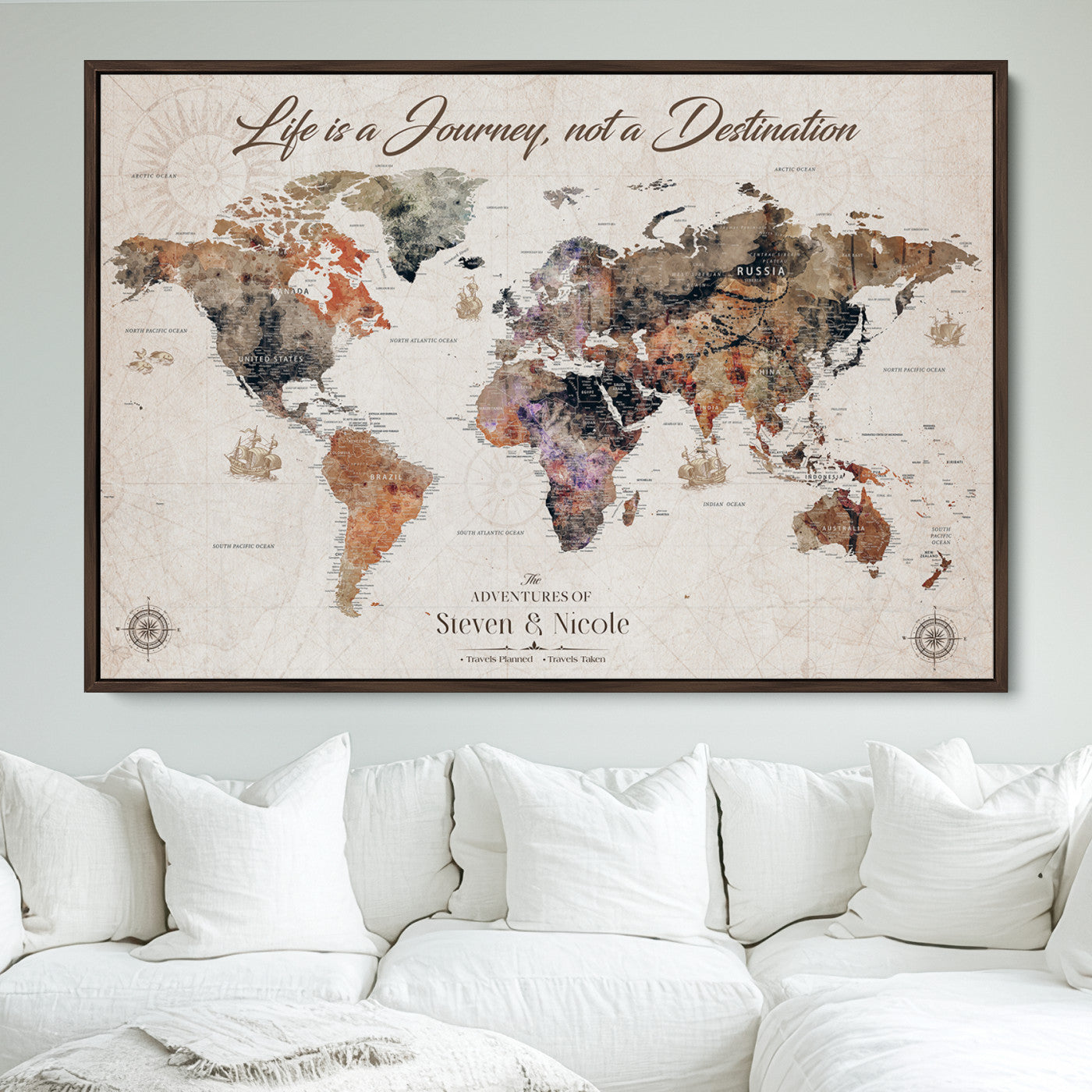 96000140-MGV-FC-36X24_Walnut-Canvas Travel Map with Pins – Framed Wall Art to Track Countries and Cities, Beautiful World Map in Rustic Old Style for Decoration - H14