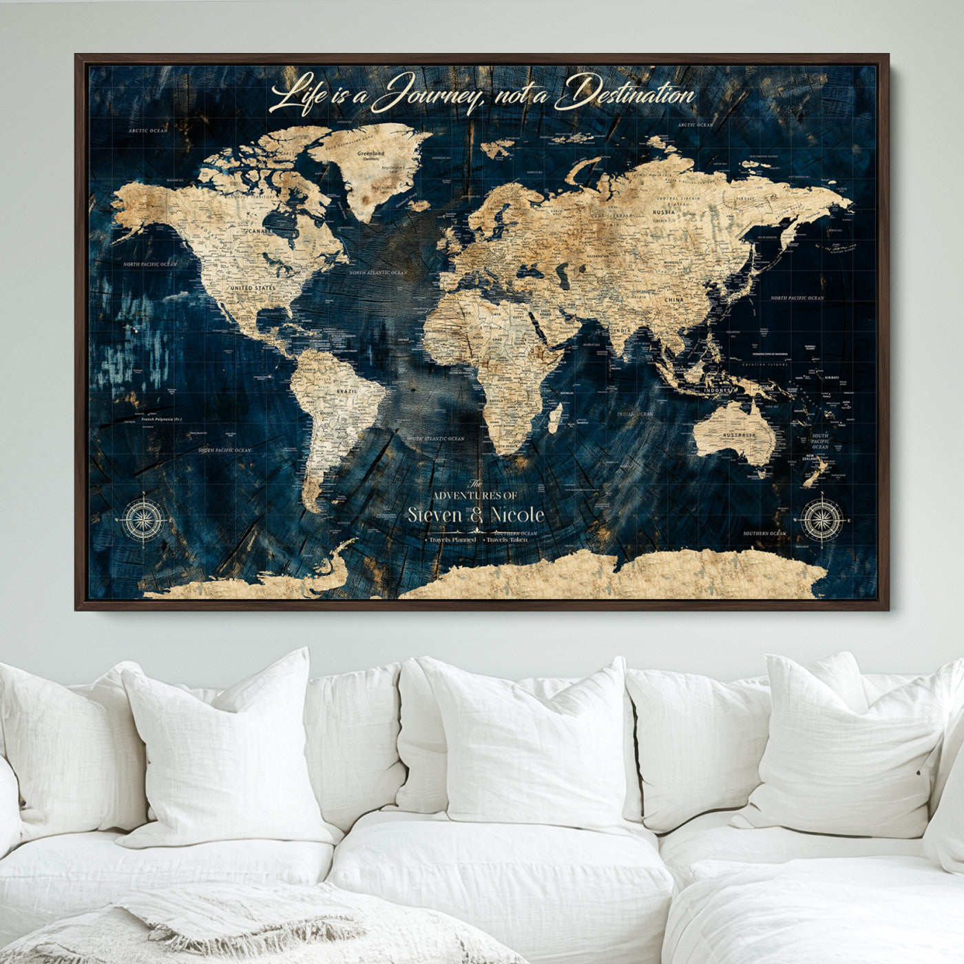 23551206-MGV-FC-36X24_Walnut-Old Style World Map with Push Pins – Framed Canvas Print for Wall, Track Past and Future Adventures in a Decorative Way - H15