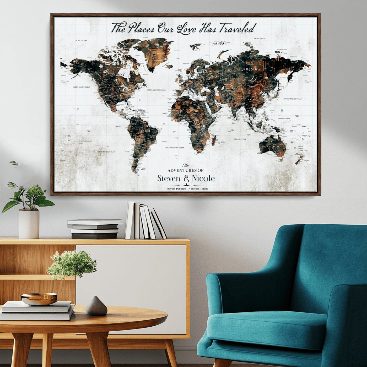 89231588-MGV-FC-36X24_Walnut-World Travel Map with Pins – Framed Canvas Print to Track Adventures and Create a Visual Travel Journal, Ideal Wall Art for Home - H17