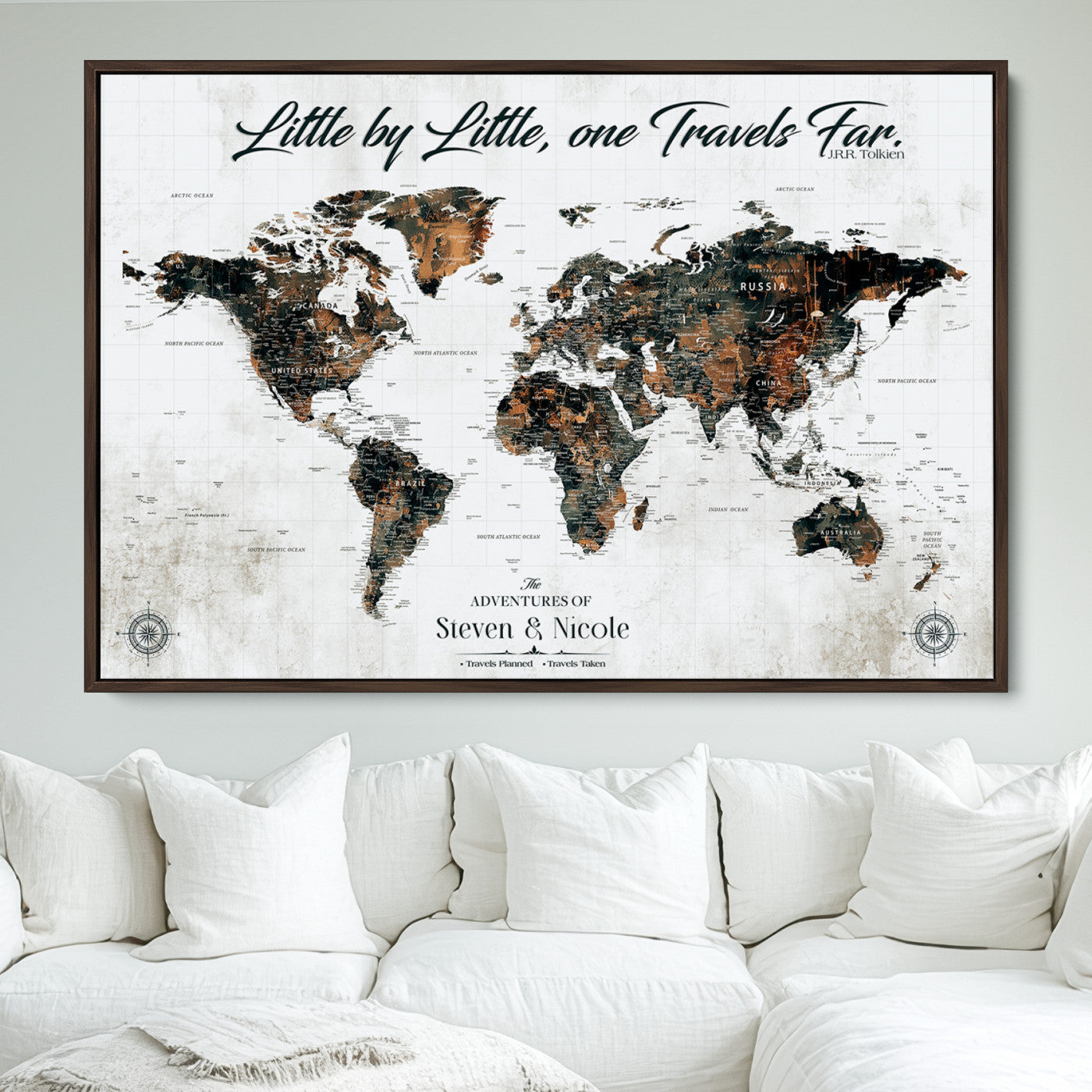 89231588-MGV-FC-36X24_Walnut-World Travel Map with Pins – Framed Canvas Print to Track Adventures and Create a Visual Travel Journal, Ideal Wall Art for Home - H17