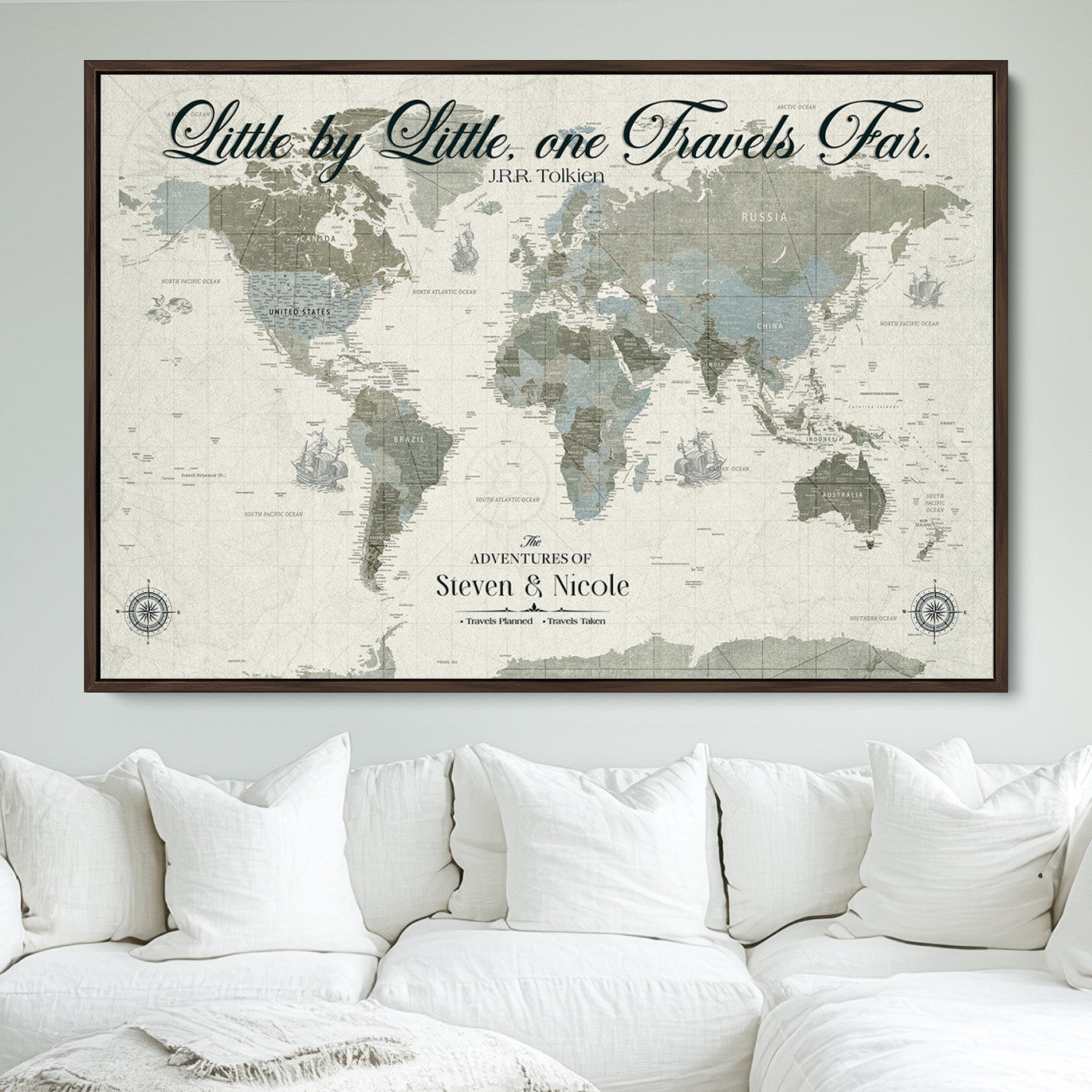 72081300-MGV-FC-36X24_Walnut-Custom Push Pin World Map Wall Canvas Print – Personalized Travel Tracker with Pins – Framed Large Multi-Size Canvas for Home Office Decor - H18