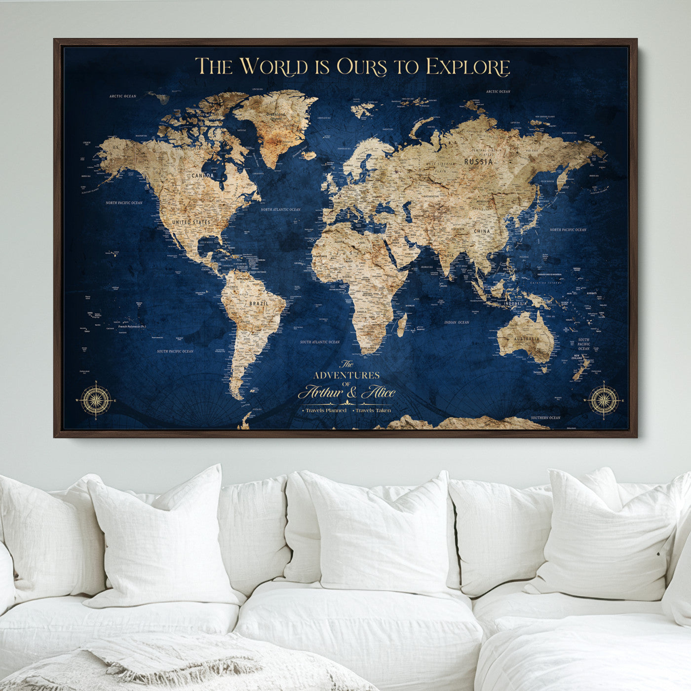 10181149-MGV-CV-36X24-Custom Push Pin World Map Wall Canvas Print – Personalized Travel Tracker with Pins – Framed Large Multi-Size Canvas for Home Office Decor