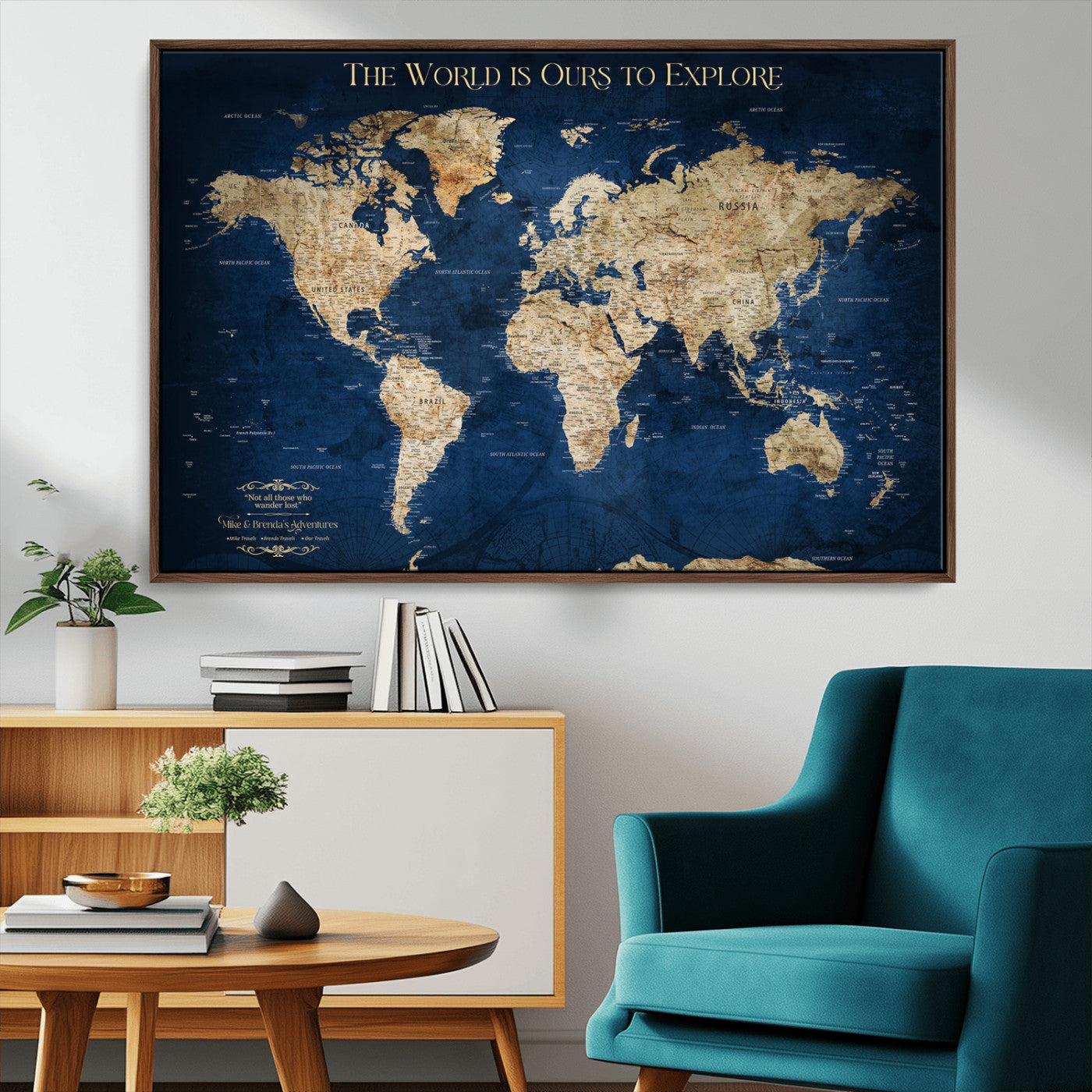 10181149-MGV-FC-36X24_Walnut-Framed Push Pin World Travel Map – Canvas Wall Print of Where I’ve Been, Old-Style Adventure Map with Pins for Tracking Trips - H2-3