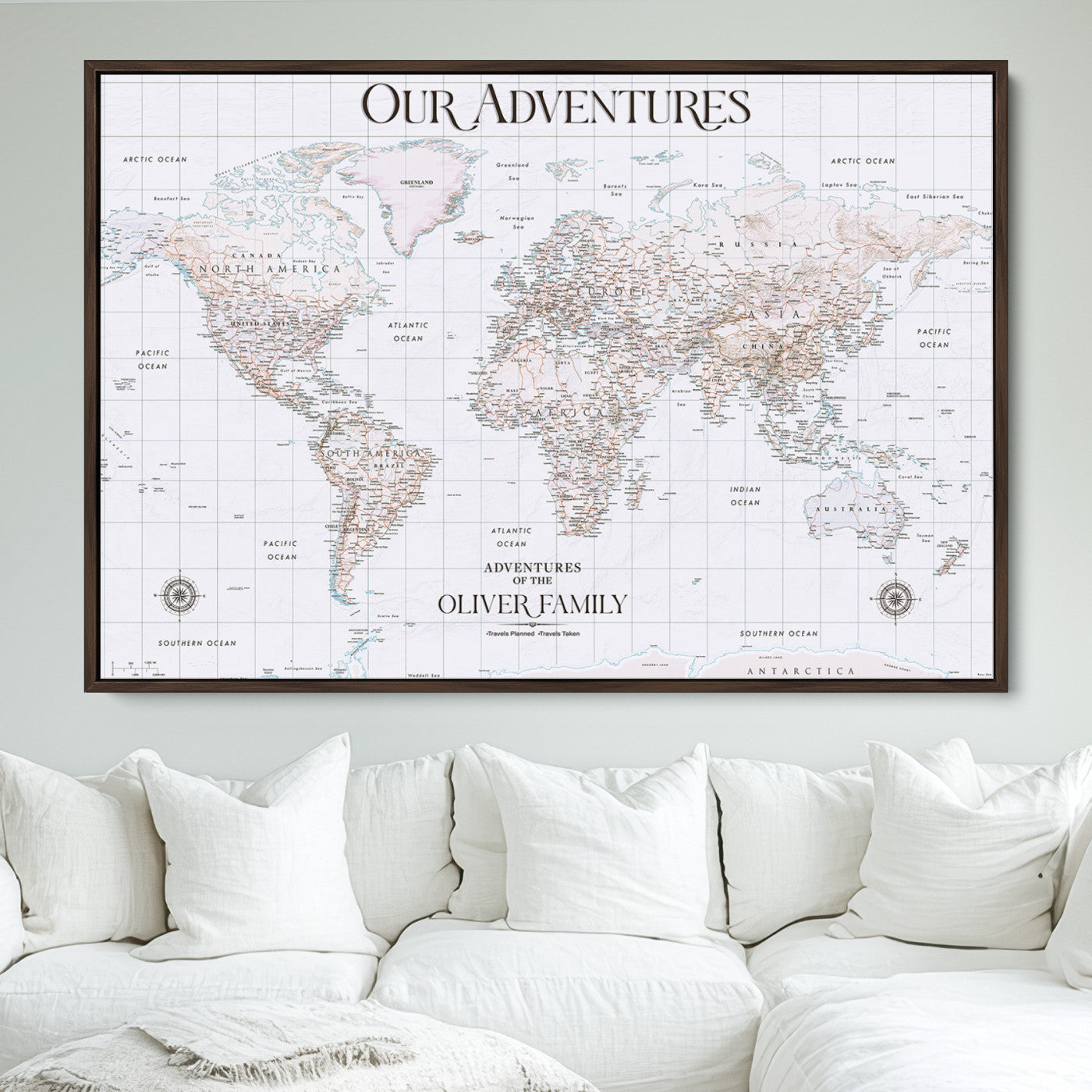 40041157-MGV-CV-36X24-Custom Push Pin World Map Wall Canvas Print – Personalized Travel Tracker with Pins – Framed Large Multi-Size Canvas for Home Office Decor