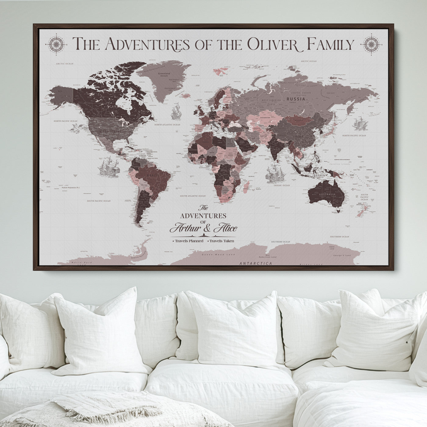 43789856-MGV-FC-36X24_Walnut-Custom Push Pin World Map Wall Canvas Print – Personalized Travel Tracker with Pins – Framed Large Multi-Size Canvas for Home Office Decor - H27