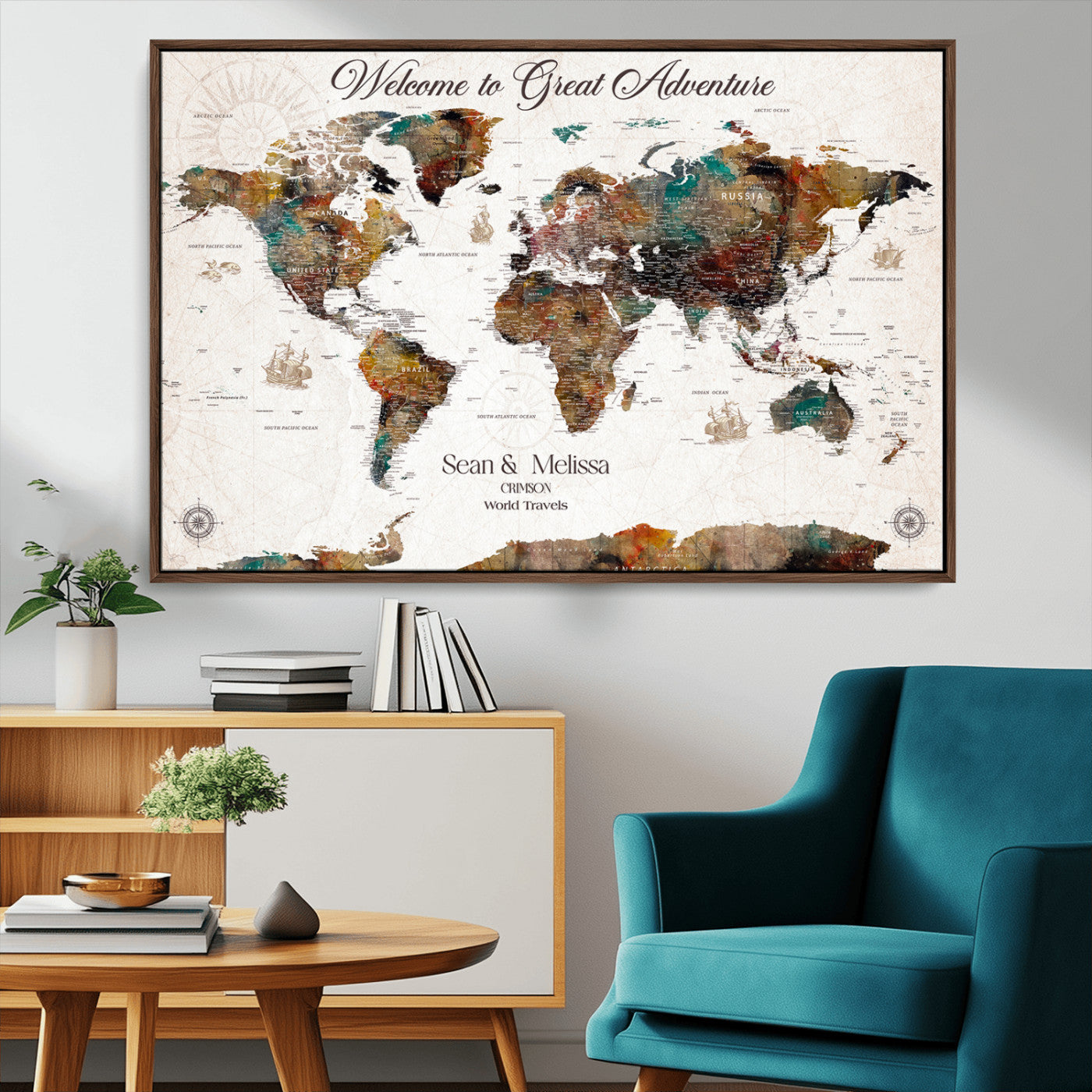92462592-MGV-FC-36X24_Walnut-Customize Push Pin World Map Wall Canvas Print – Personalizable Travel World Map with Pins – Framed Personalized Map Print for Couple Gift - H31
