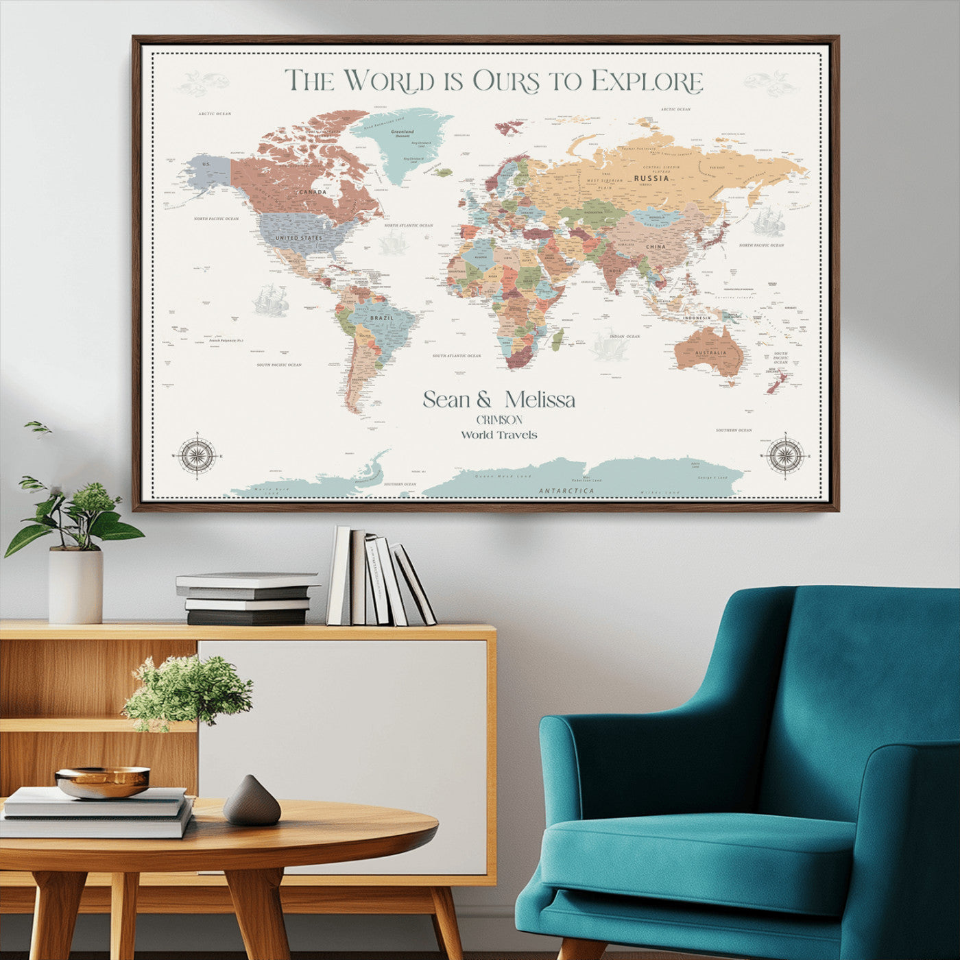90968866-MGV-FC-36X24_Walnut-Custom Push Pin World Map Wall Canvas Print – Personalized Travel Tracker with Pins – Framed Large Multi-Size Canvas for Home Office Decor