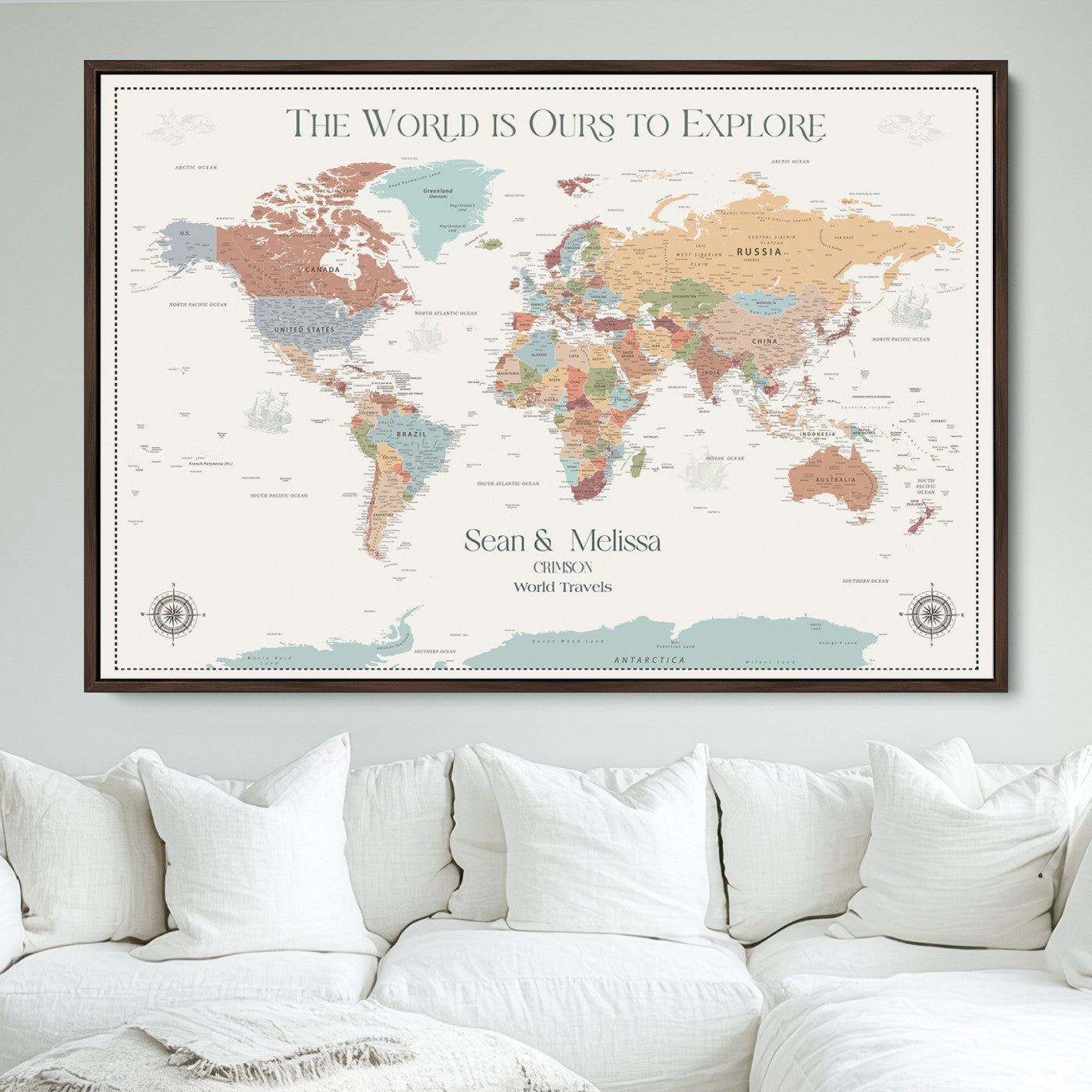 90968866-MGV-FC-36X24_Walnut-Custom Push Pin World Map Wall Canvas Print – Personalized Travel Tracker with Pins – Framed Large Multi-Size Canvas for Home Office Decor