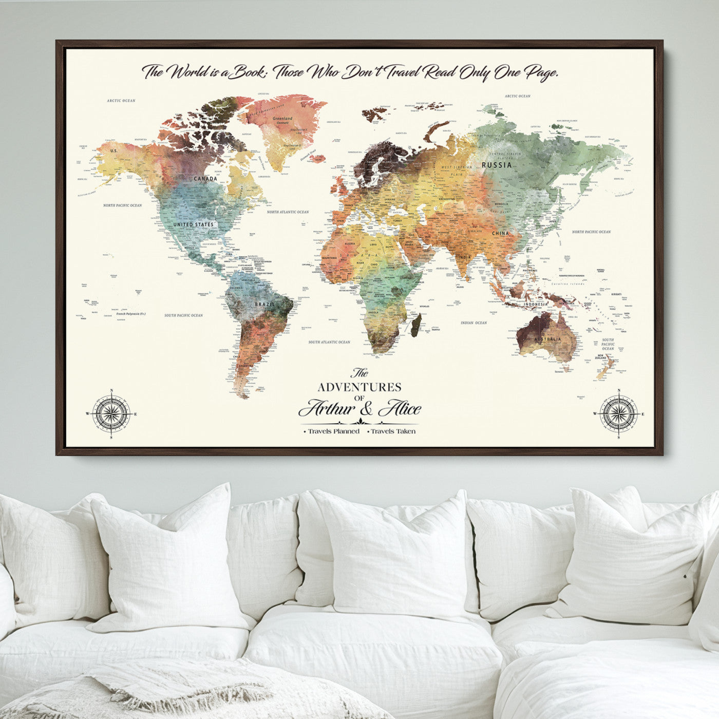 40183091-MGV-FC-36X24_Walnut-Custom Framed World Map Canvas Print – Personalized Push Pin Travel Tracker Gift for Couples, Weddings, or Anniversary Celebrations