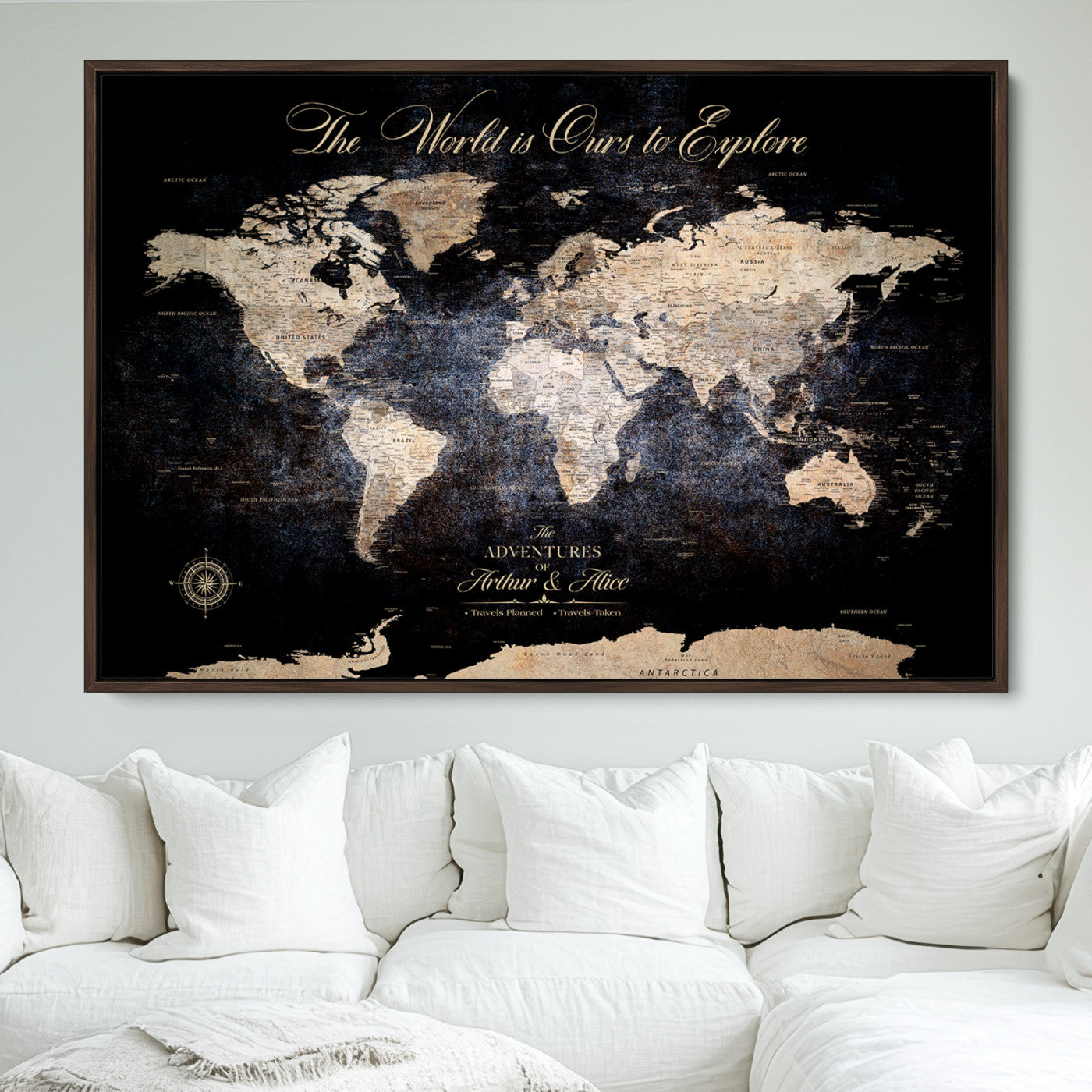 21010471-MGV-FC-36X24_Walnut-Customize Push Pin World Map Wall Canvas Print, Personalized Travel Tracker with Pins, Framed Large Canvas for Home Office Decor - H37