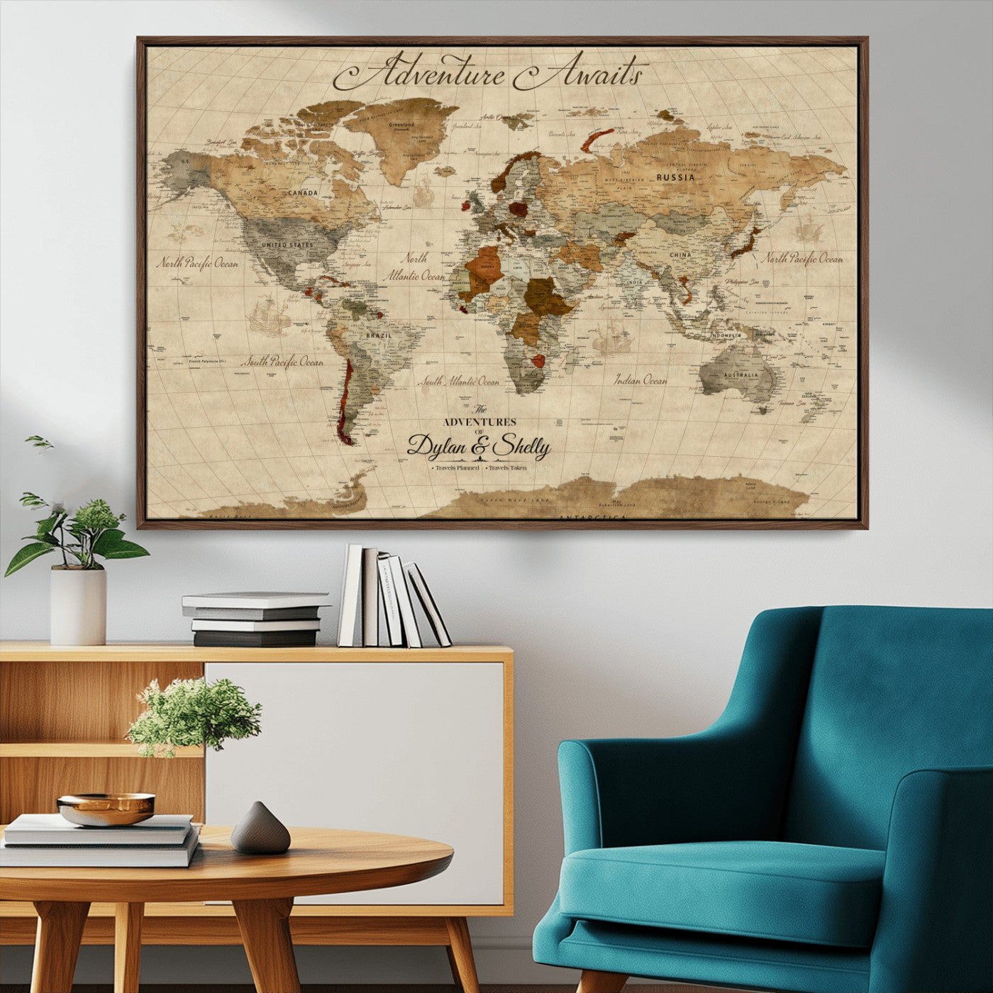 29054239-MGV-FC-36X24_Walnut-Personalized World Map Print - Customizable Push Pin Framed World Map Print on Canvas - Custom Quote on Map Print