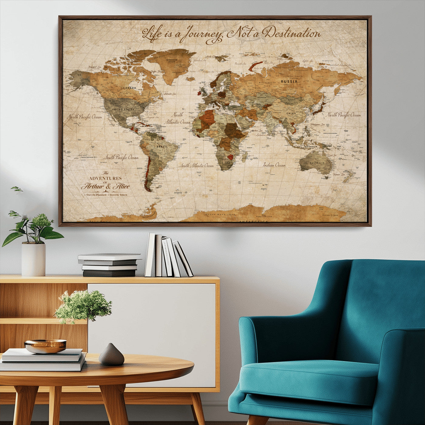 78211415-MGV-FC-36X24_Walnut-Customize Push Pin World Map Wall Canvas Print – Personalized Travel Tracker with Pins – Framed Custom Quotie Canvas for Home Office Decor