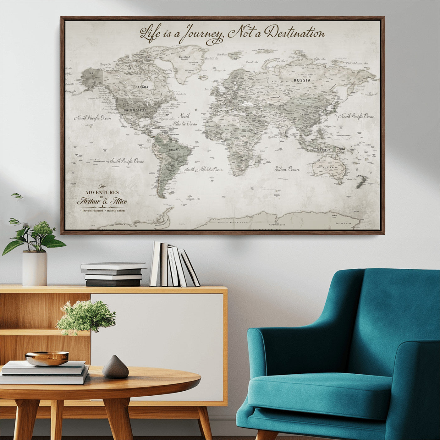 11398637-MGV-FC-36X24_Walnut-Custom Push Pin World Map Wall Canvas Print – Personalized Travel Tracker with Pins – Framed Custom