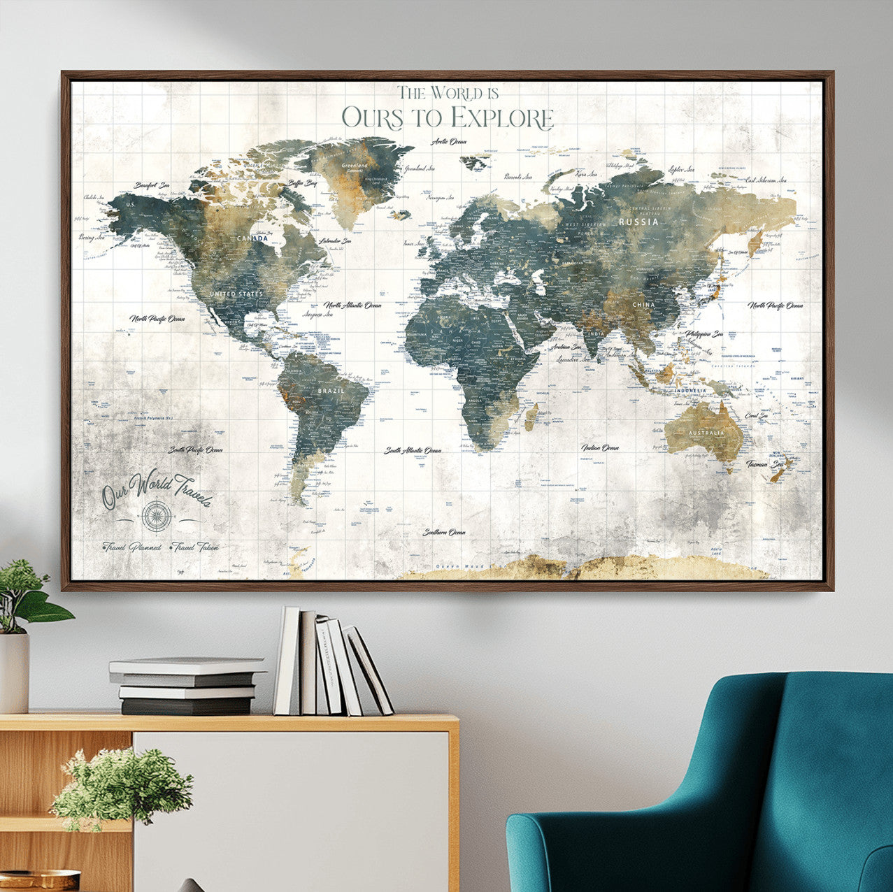 14988581-MGV-FC-36X24 - Custom Push Pin World Map Wall Canvas Print – Personalized Travel Tracker with Pins – Framed Custom Quotie Canvas for Home Office Decor