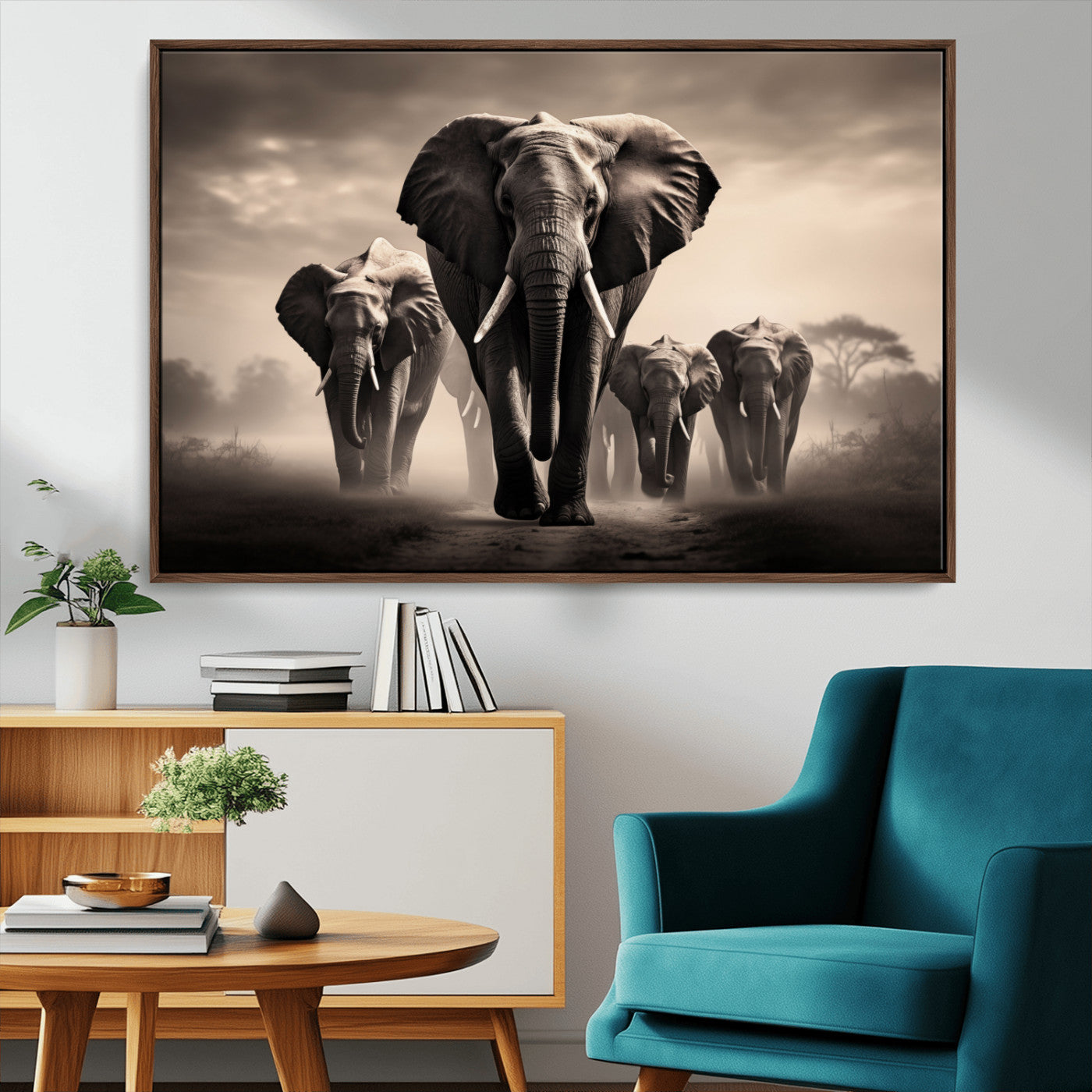 48598F10-MGV-FC-36X24_Walnut-Elephant Family Wall Art Canvas Print, Framed Elephant Wall Art Home Decor