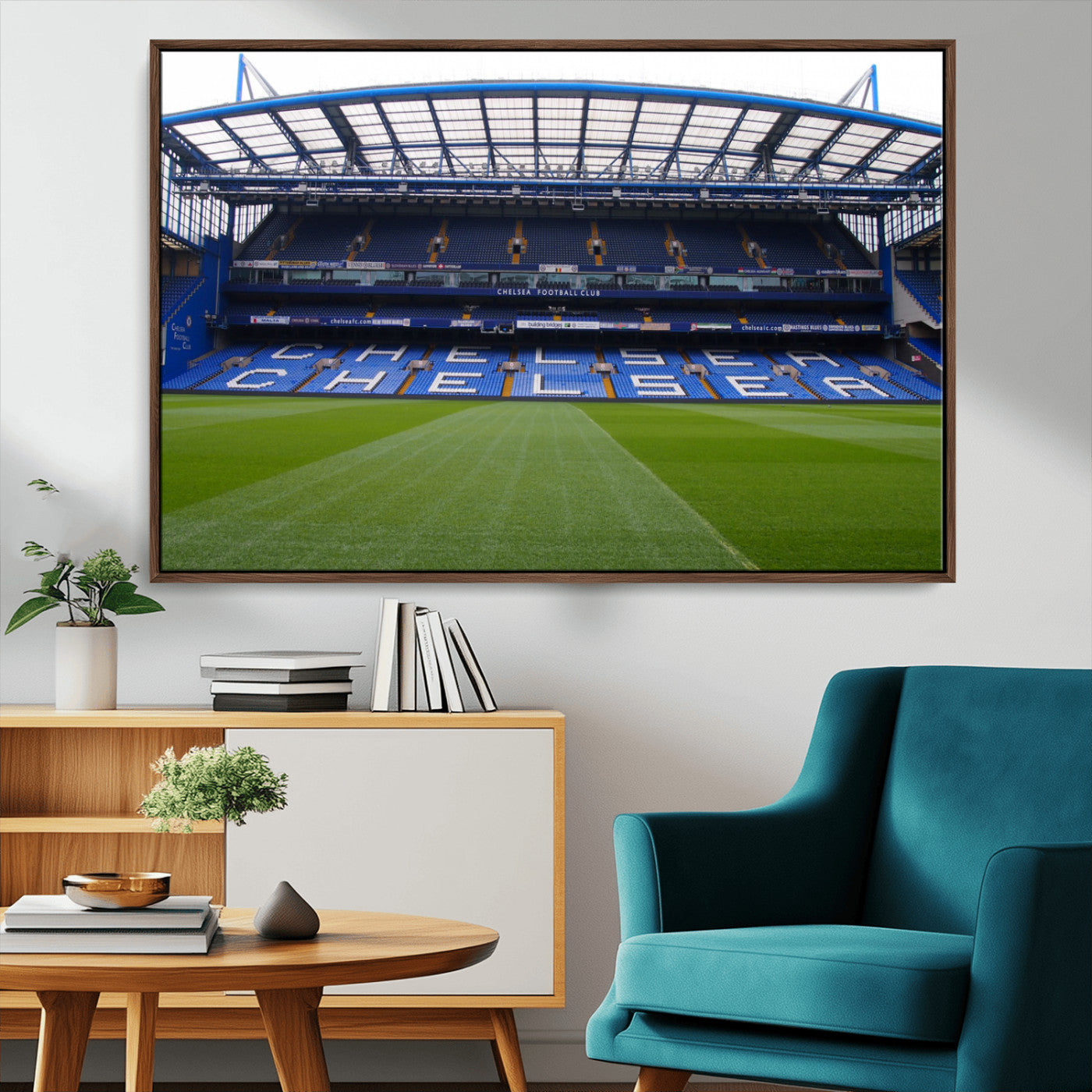38616413CHELSA-MGV-FC-36X24_Walnut-Stamford Bridge Chelsea Football Stadium Canvas Wall Art Print – Immersive Stadium Experience for Soccer Fans – Ready to Hang