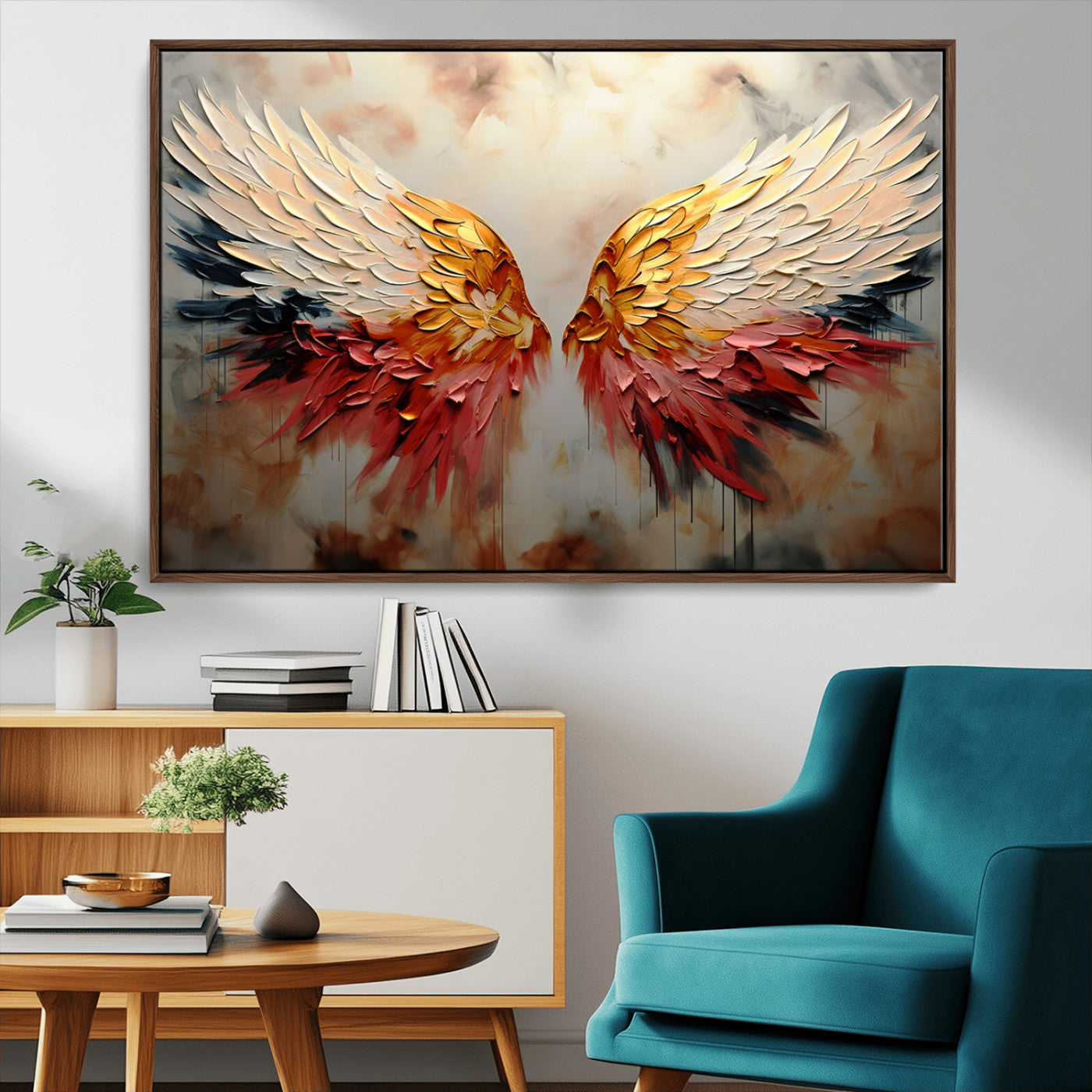 A stunning 3D-style painting of angel wings with vibrant gold, red, and black hues, creating a dramatic and striking visual effect.