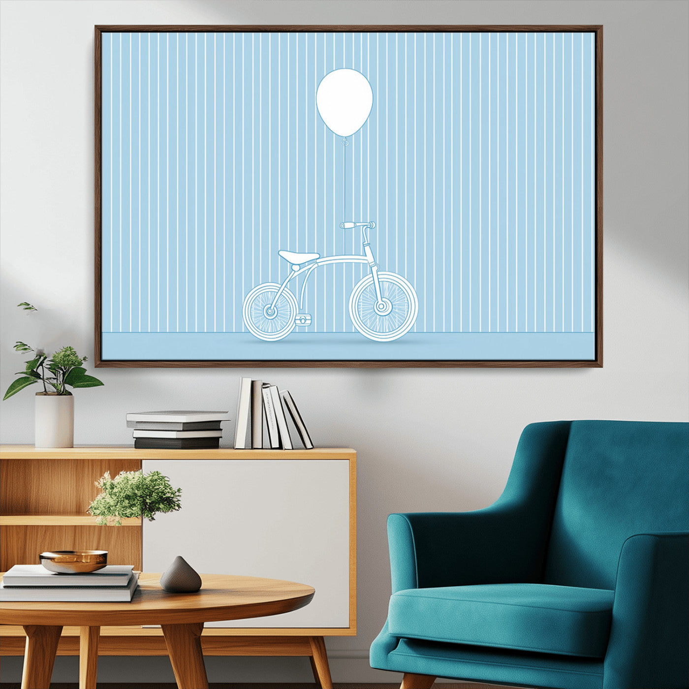 A minimalistic blue line drawing of a bicycle with a balloon floating above it, set against a soft striped background.