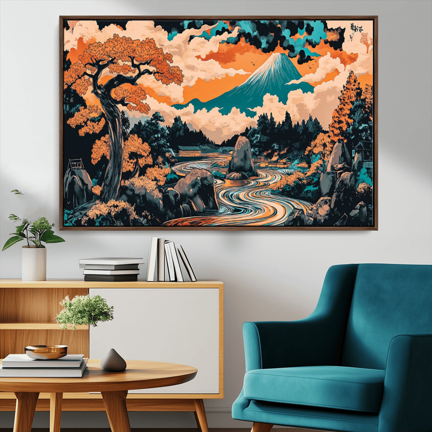 A vibrant Japanese-inspired landscape featuring Mount Fuji, a winding river, and autumn-colored trees under a dramatic sky, in bold and vivid hues.