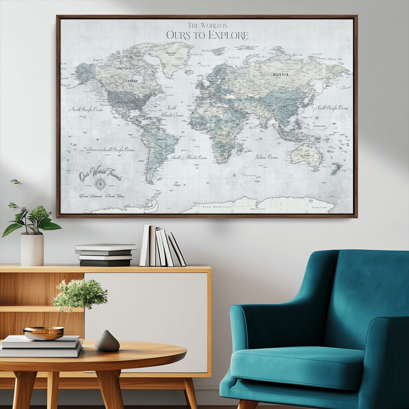 Custom Push Pin World Map Wall Canvas Print – Personalized Travel Tracker with Pins – Framed Custom Quotie Canvas for Home Office Decor