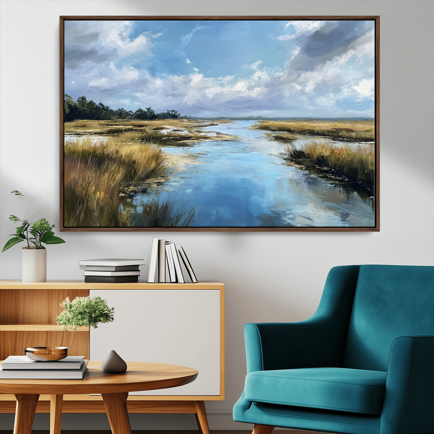 A beautiful, painterly landscape of a calm river winding through a marsh, with vibrant green grasses and a bright blue sky filled with fluffy clouds.
