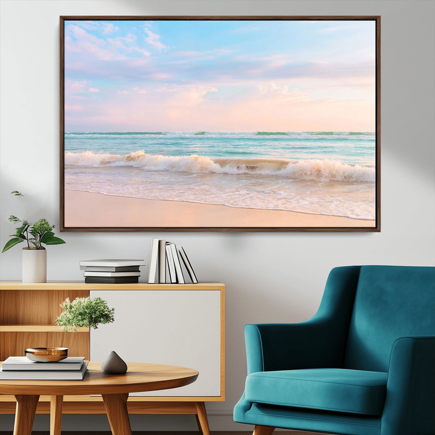 A peaceful beach scene with soft pastel skies, gentle waves washing up on the sandy shore, creating a calm and serene ocean view.