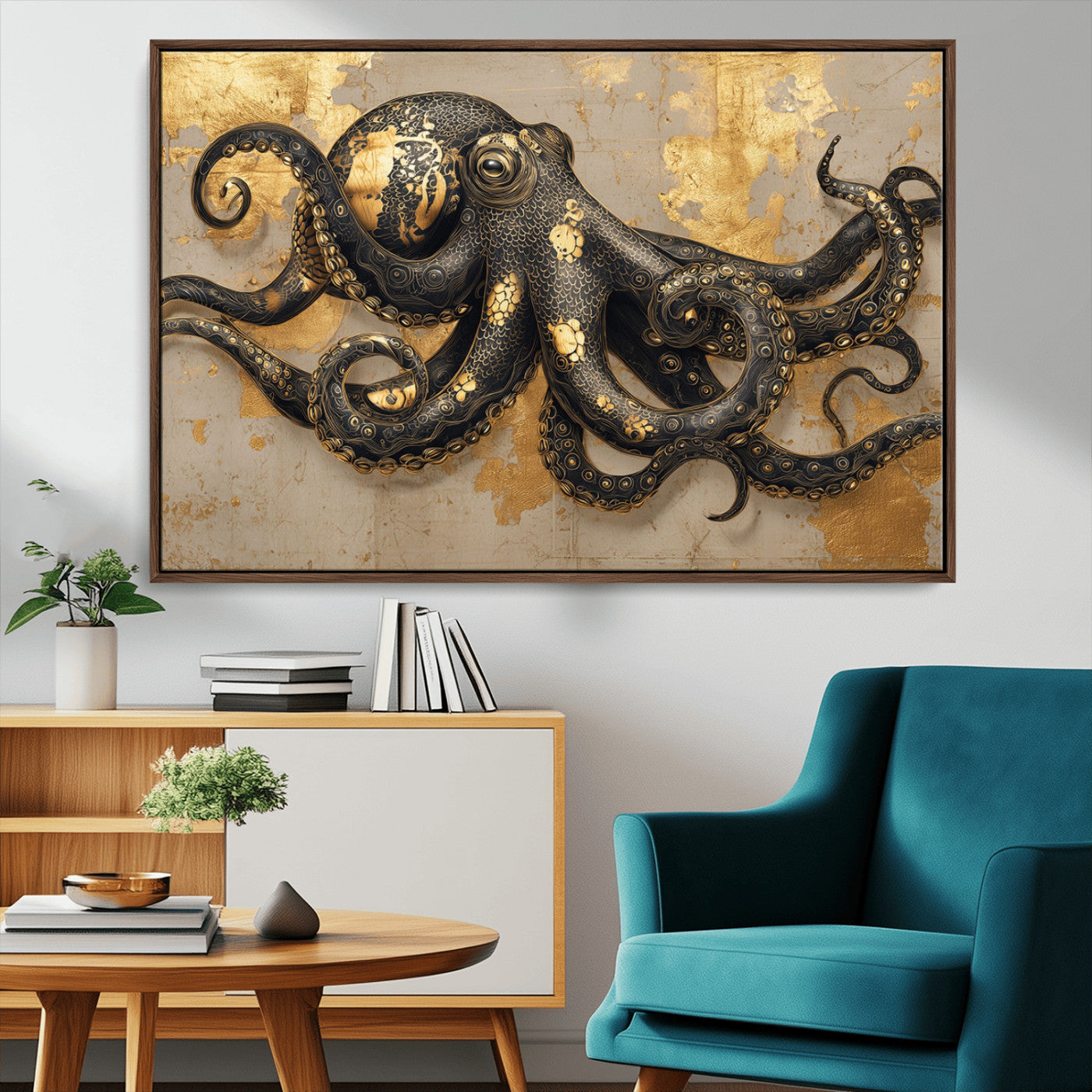 A stunning golden and black illustration of an octopus on a textured background with gold leaf accents, highlighting its intricate tentacles and unique design.