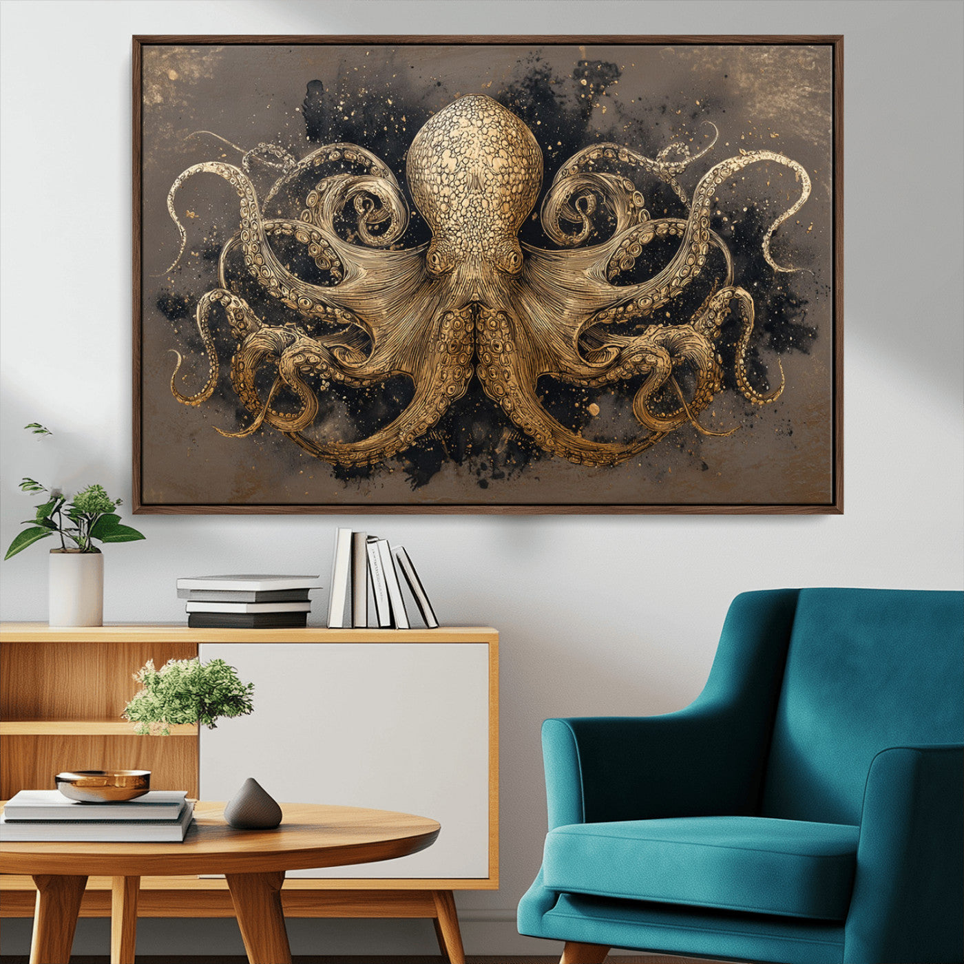 A beautifully detailed illustration of an octopus in gold ink on a textured dark background, with swirling tentacles and intricate patterns.