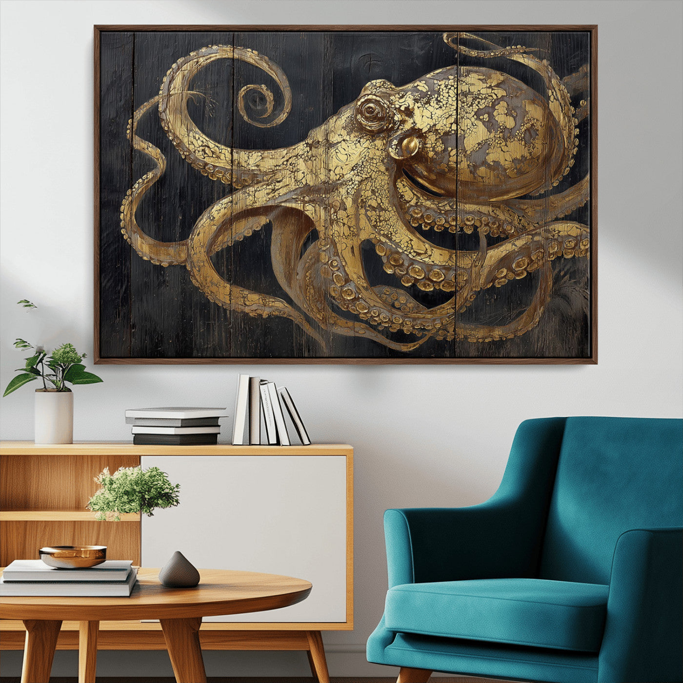 A detailed gold illustration of an octopus on black wooden planks, showing its intricate tentacles and textured skin in an artistic style.