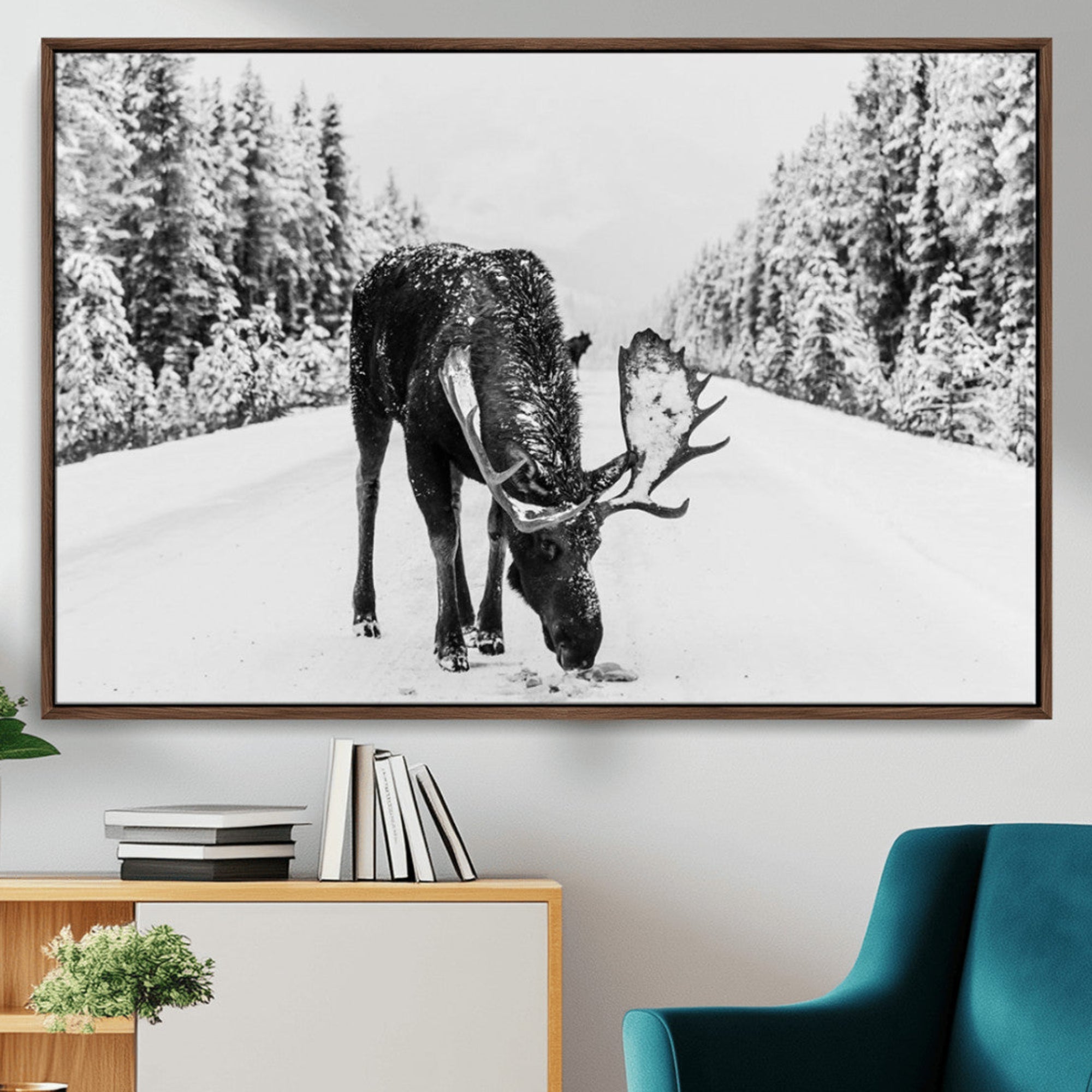 A majestic moose grazing in the snow-covered wilderness, surrounded by snow-covered trees, creating a peaceful winter scene.