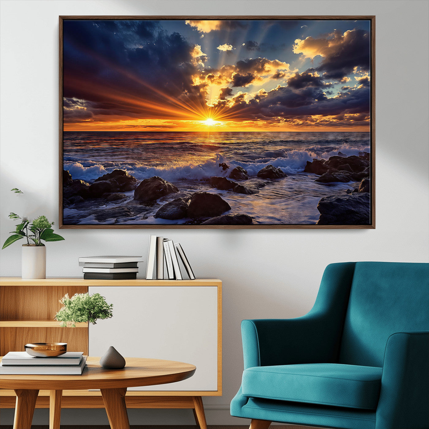 An explosive sunset over the ocean with dramatic clouds and rays of sunlight reflecting off the water, creating a vibrant and captivating view.