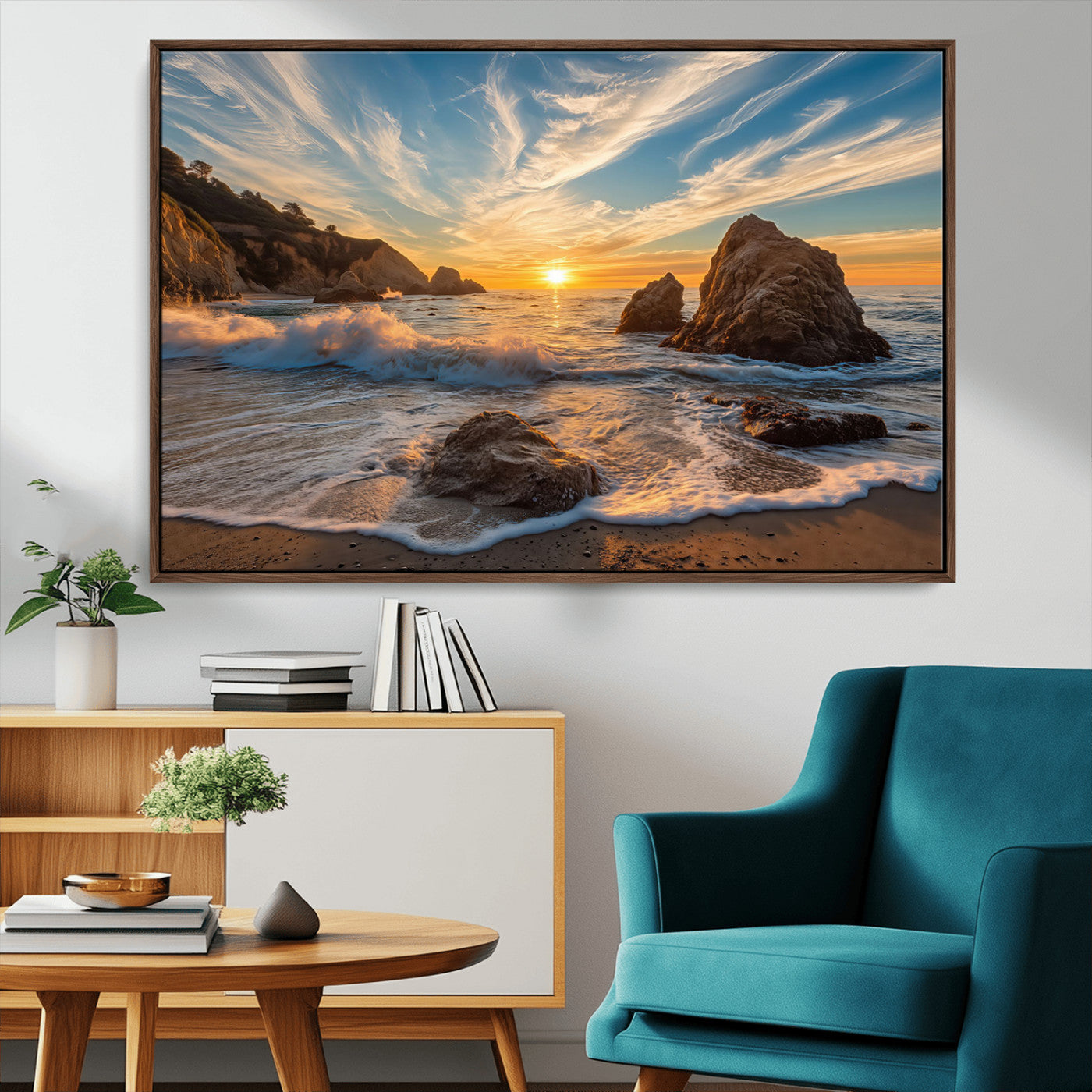 Rocky Ocean Sunset Wall Art Print, Seaside Canvas Wall Art, Dramatic Seascape Canvas Print for Coastal Modern Decor, Ocean Sunset Art Printing