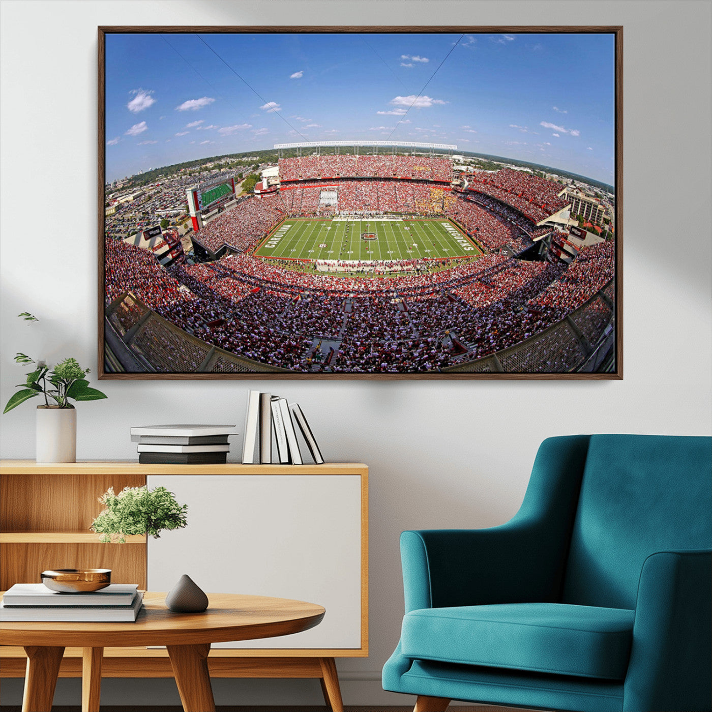 An William Brice-Stadium view of a full football stadium with cheering fans and clear blue skies, capturing the excitement and energy of the game.