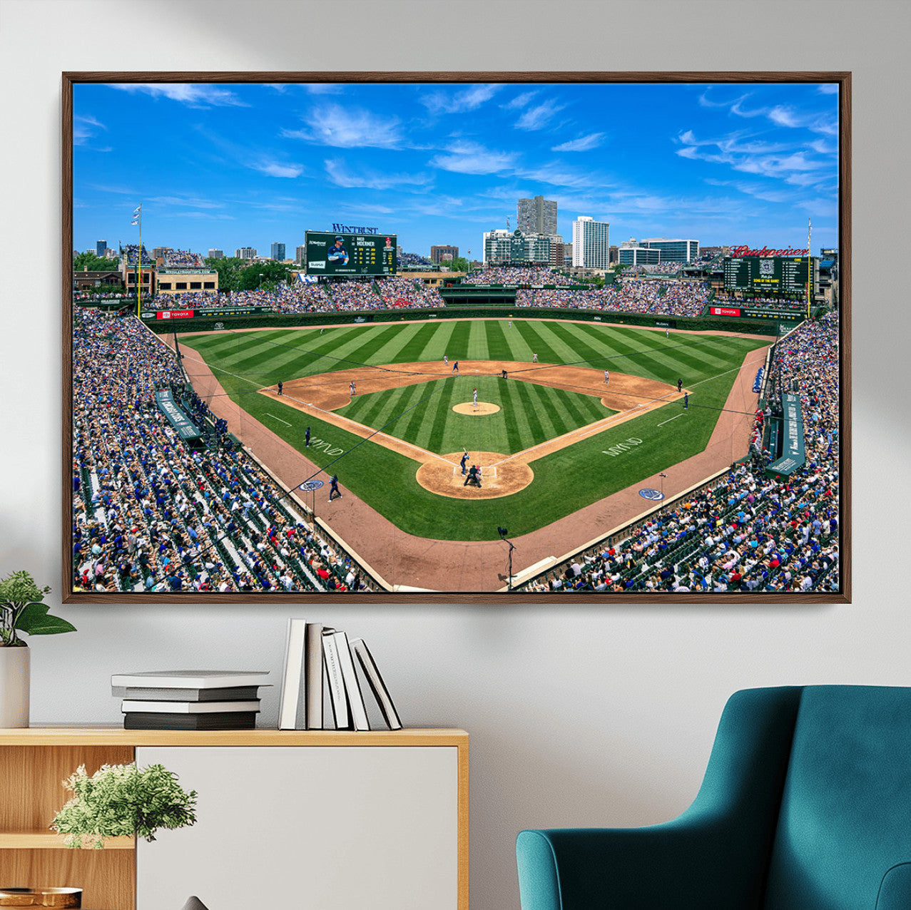 35800083-MGV-FC-36X24 - Wrigley Field Baseball Stadium Canvas Wall Art – Packed Crowd Sports Stadium City Skyline Artwork for Home Office