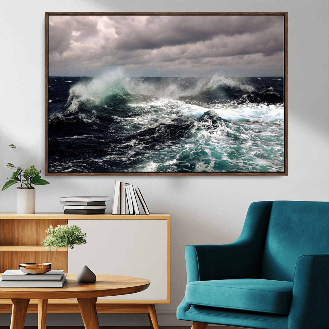 Powerful ocean waves crashing under stormy skies, creating a dynamic and intense seascape.