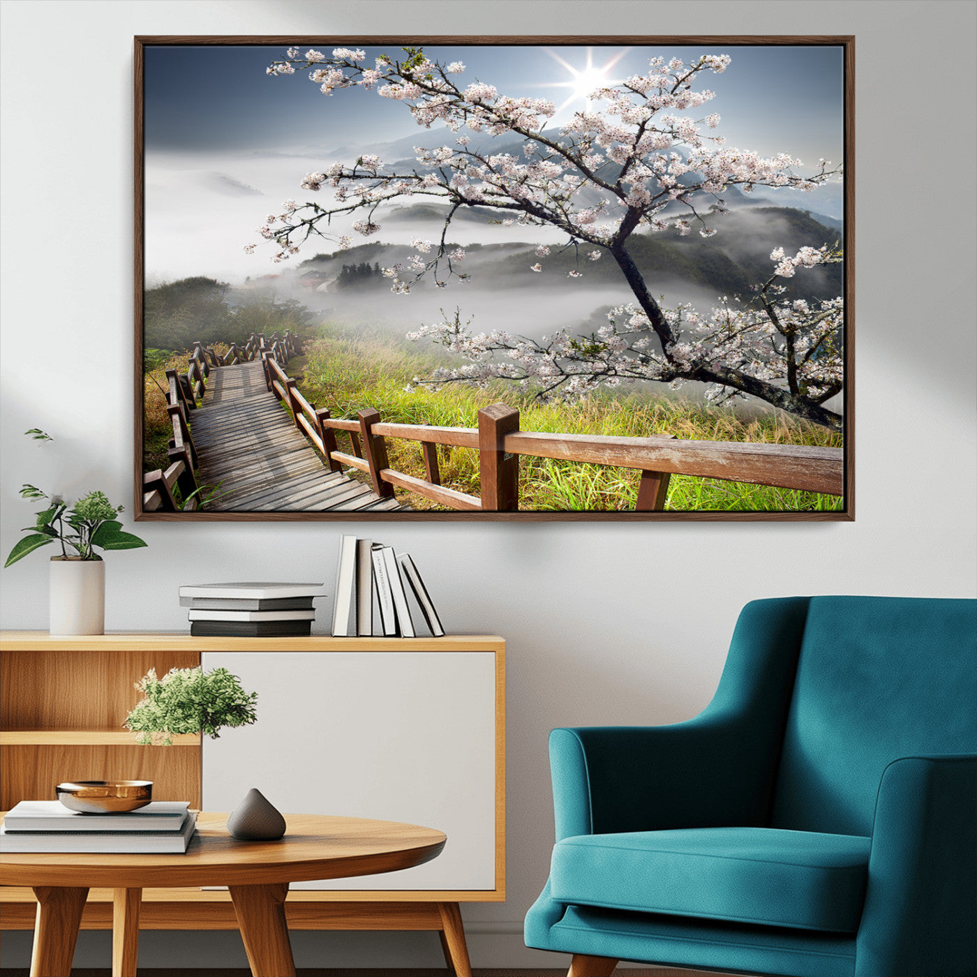 34632598CRY-MGV-FC-36X24_Walnut-Sakura Cherry Blossom Pathway Canvas Wall Art – Tranquil Walk Through Blossoming Nature – Ready to Hang